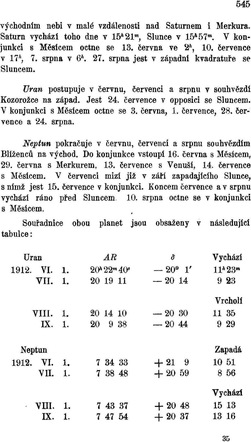 června, 1. července, 28. července a 24. srpna. Neptun pokračuje v červnu, červenci a srpnu souhvězdím Blíženců na východ. Do konjunkce vstoupí 16. června s Měsícem. 29. června s Merkurem, 13.