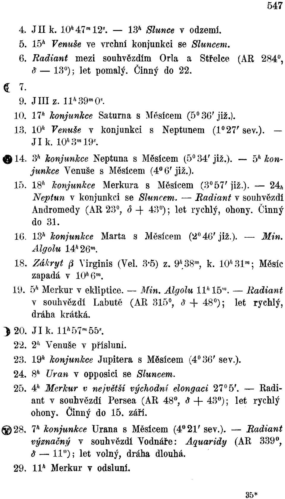 ). 15. 18* Jconjunlcce Merkura s Měsícem (3 57 f již.). 24» Neptun v konjunkci se Sluncem. Radiant v souhvězdí Andromedy (AR 23, ó + 43 ); let rychlý, ohony. Činný do 31. 16.