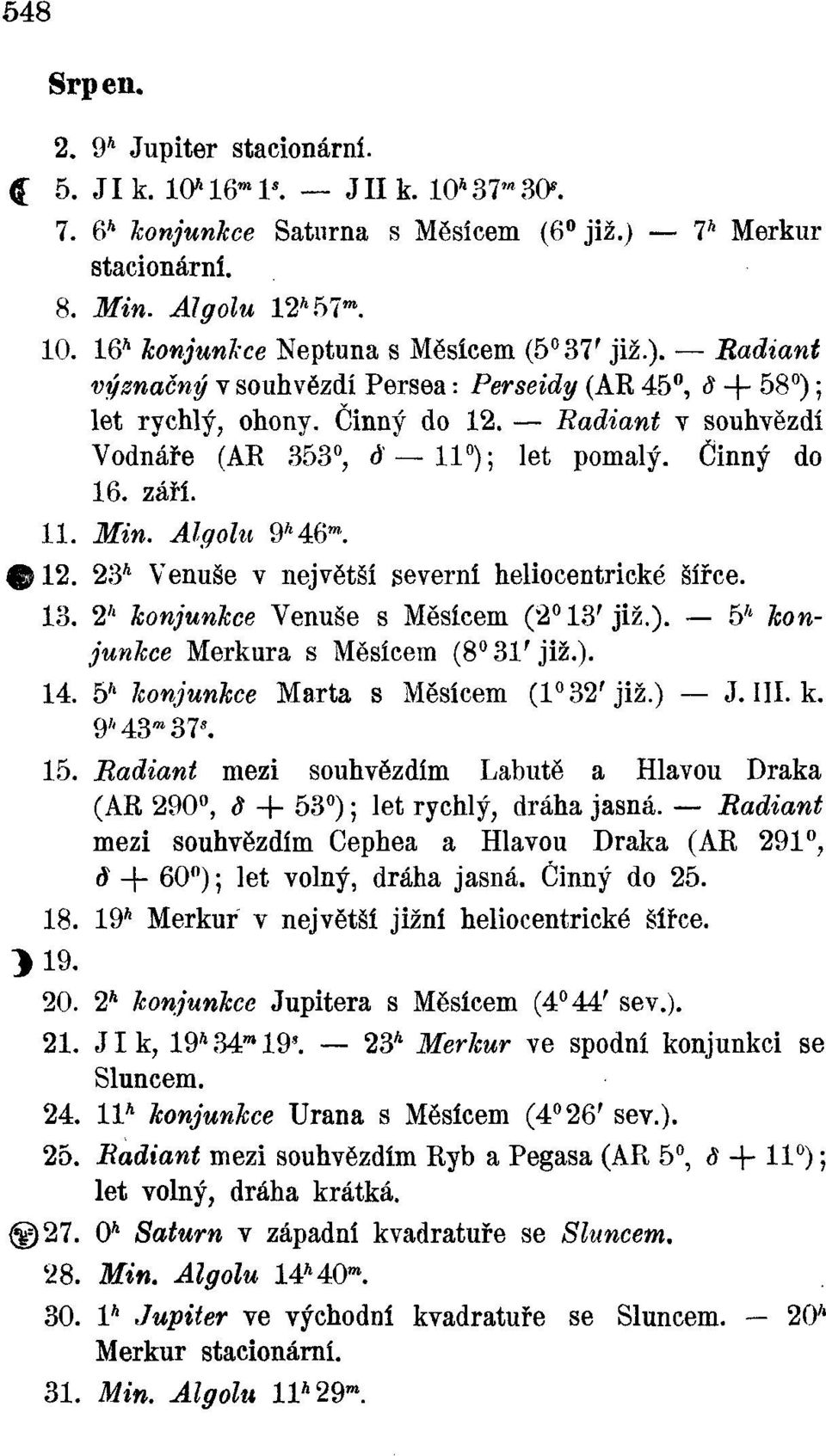 % 12. 23* Venuše v největší severní heliocentrické šířce. 13. 2* konjunkce Venuše s Měsícem (2 13 f již.). 5* konjunkce Merkura s Měsícem (8 31 f již.). 14. 5* konjunkce Marta s Měsícem (l 32 f již.