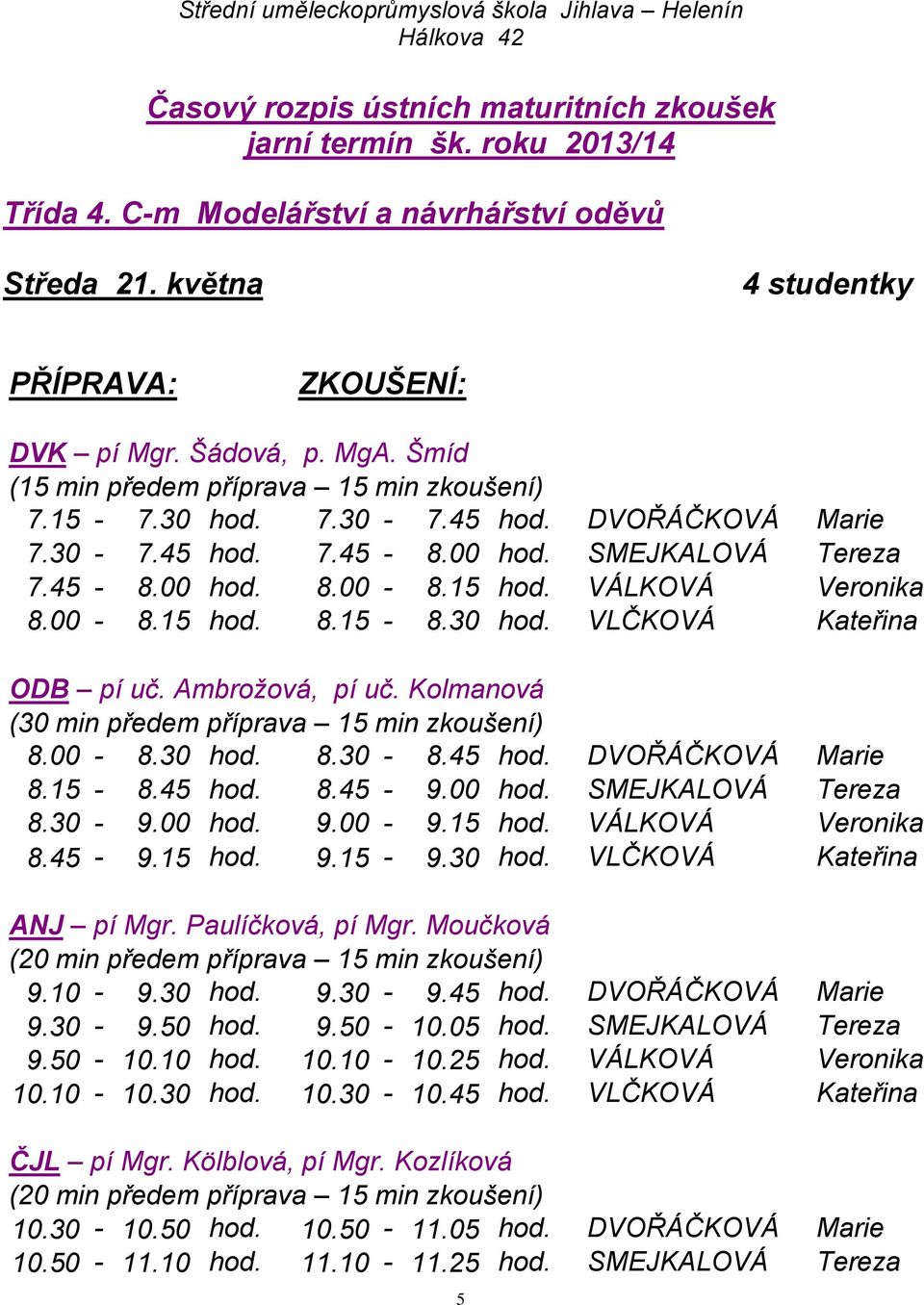 30 hod. VLČKOVÁ Kateřina ODB pí uč. Ambrožová, pí uč. Kolmanová (30 min předem příprava 15 min zkoušení) 8.00-8.30 hod. 8.30-8.45 hod. DVOŘÁČKOVÁ Marie 8.15-8.45 hod. 8.45-9.00 hod.