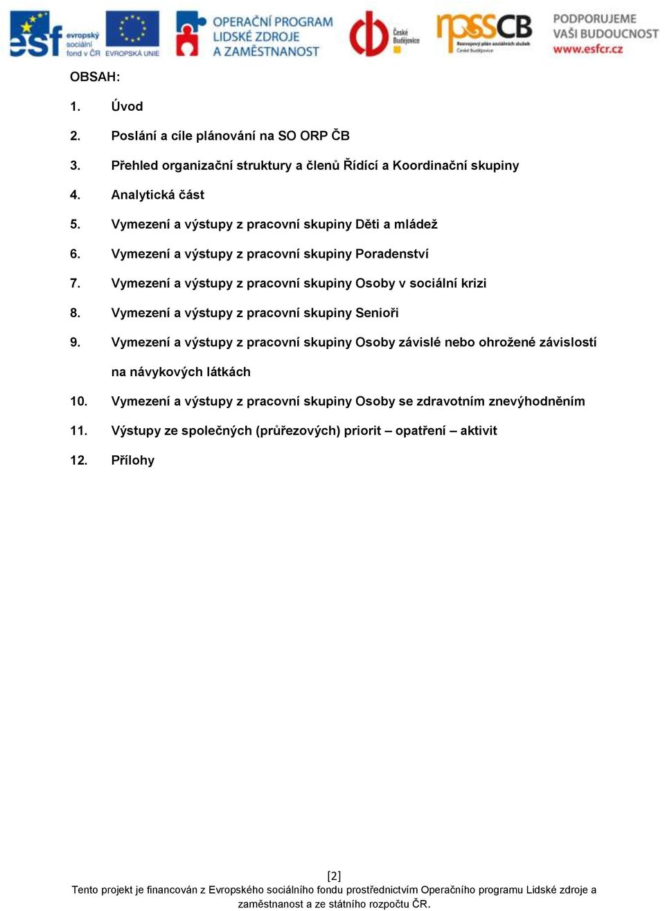 Vymezení a výstupy z pracovní skupiny Senioři 9. Vymezení a výstupy z pracovní skupiny Osoby závislé nebo ohrožené závislostí na návykových látkách 10.