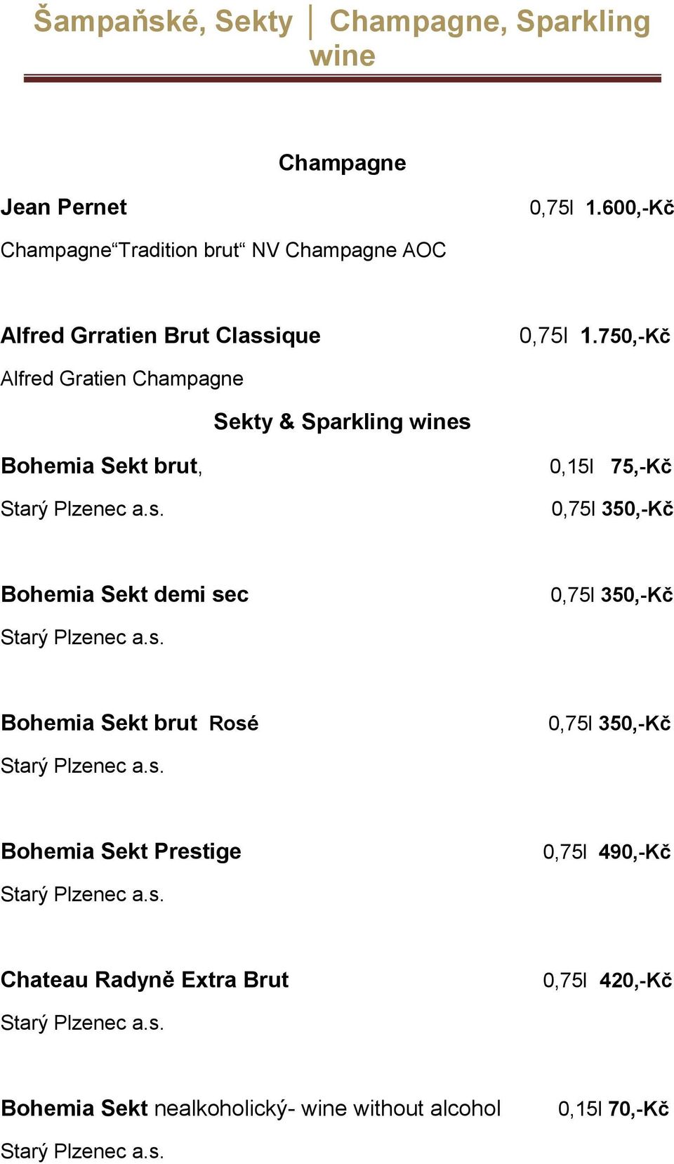 750,-Kč Alfred Gratien Champagne Sekty & Sparkling wines Bohemia Sekt brut, Starý Plzenec a.s. 0,15l 75,-Kč 0,75l 350,-Kč Bohemia Sekt demi sec 0,75l 350,-Kč Starý Plzenec a.