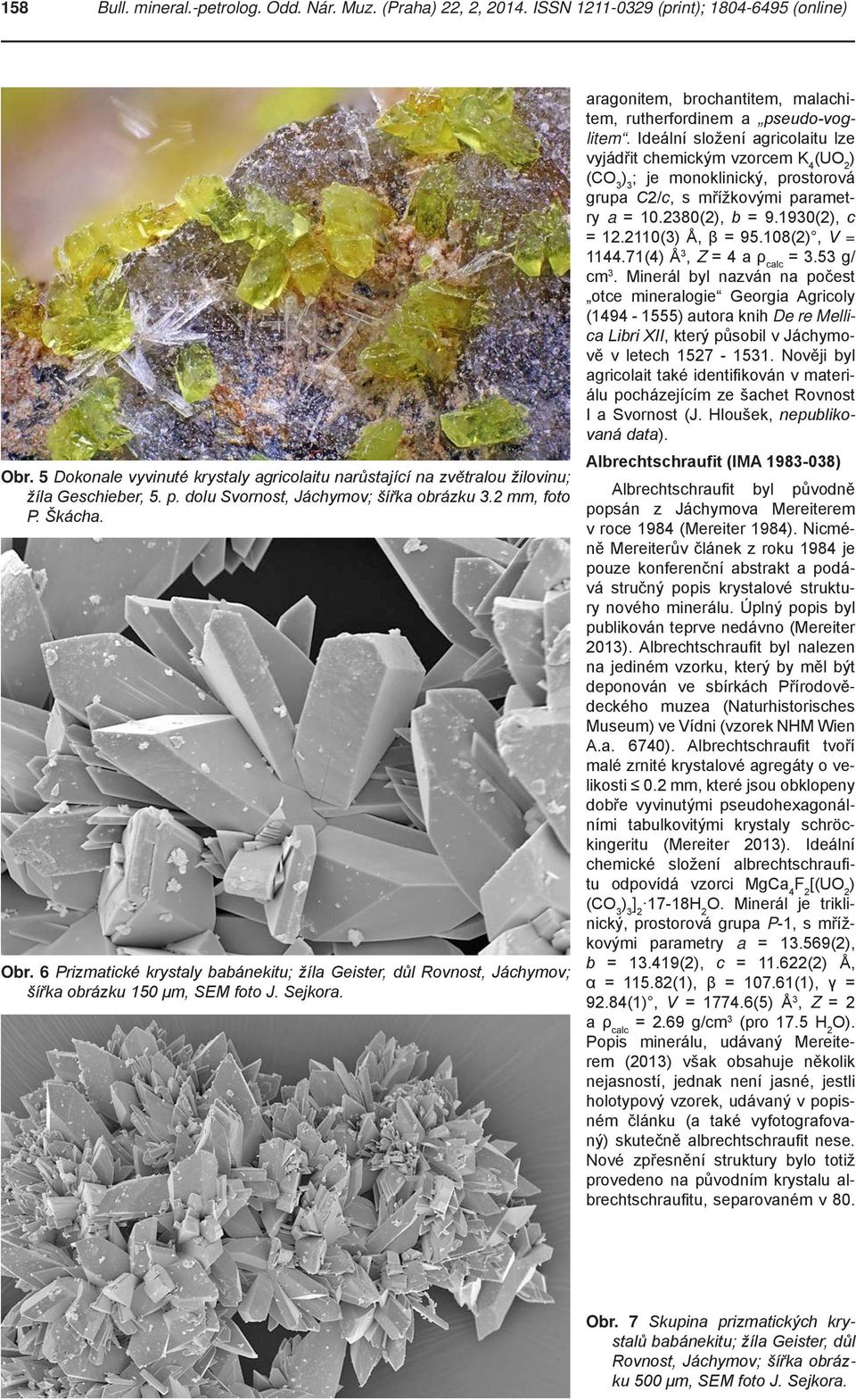 6 Prizmatické krystaly babánekitu; žíla Geister, důl Rovnost, Jáchymov; šířka obrázku 150 μm, SEM foto J. Sejkora. aragonitem, brochantitem, malachitem, rutherfordinem a pseudo-voglitem.