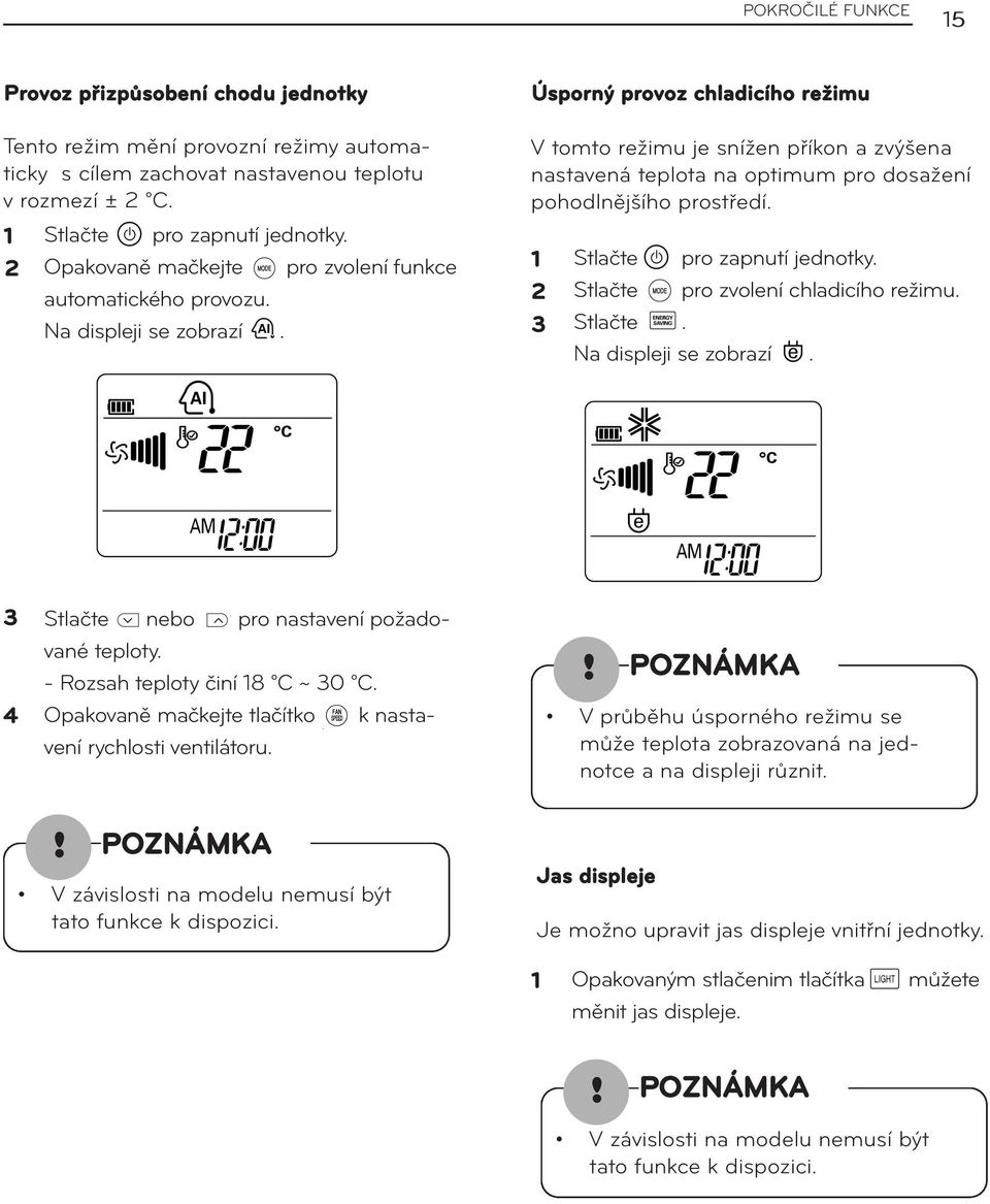 Úsporný provoz chladicího režimu V tomto režimu je snížen příkon a zvýšena nastavená teplota na optimum pro dosažení pohodlnějšího prostředí. Stlačte pro zapnutí jednotky.