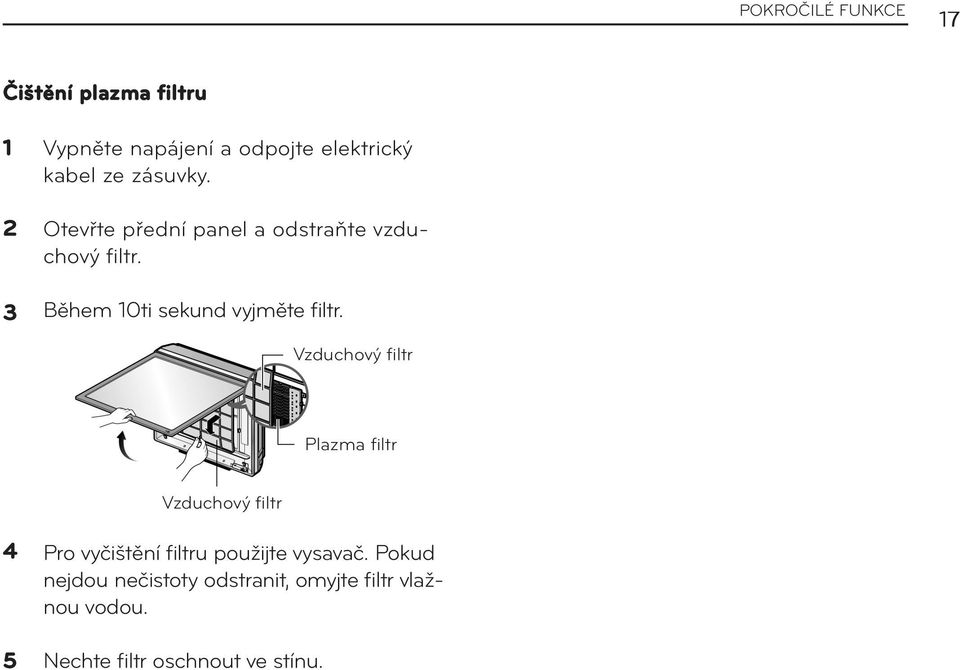 Vzduchový filtr Plazma filtr Vzduchový filtr 4 5 Pro vyčištění filtru použijte vysavač.