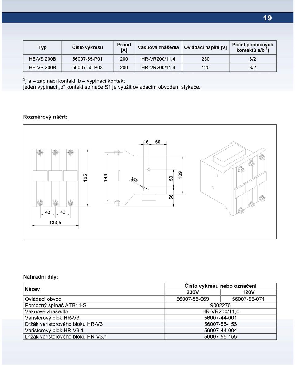 Rozměrový náčrt: 16 50 M8 56 165 144 50 109 43 43 133,5 Náhradní díly: Název: Číslo výkresu nebo označení 230V 120V Ovládací obvod 56007-55-069 56007-55-071 Pomocný spínač