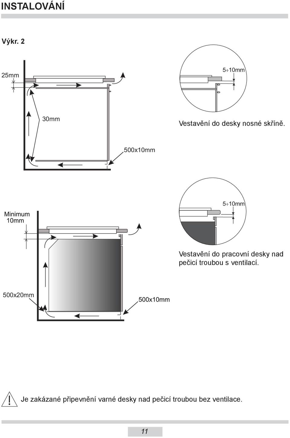 500x10mm 5 10mm Vestavění do pracovní desky nad pečicí