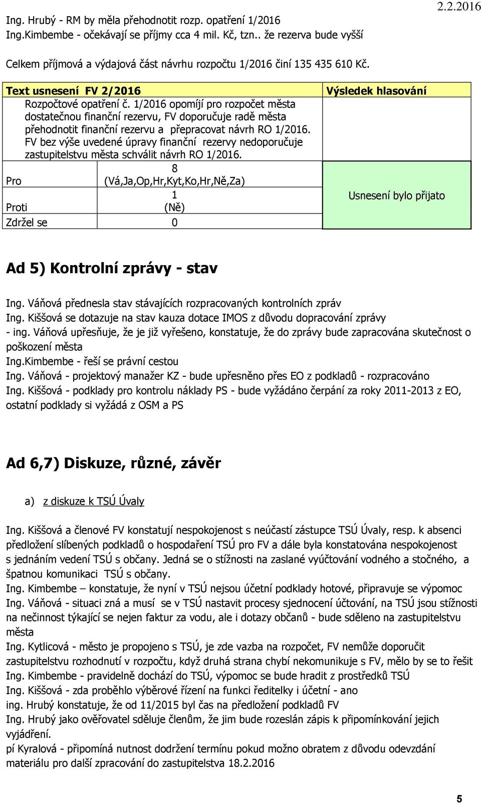 FV bez výše uvedené úpravy finanční rezervy nedoporučuje zastupitelstvu města schválit návrh RO 1/2016.