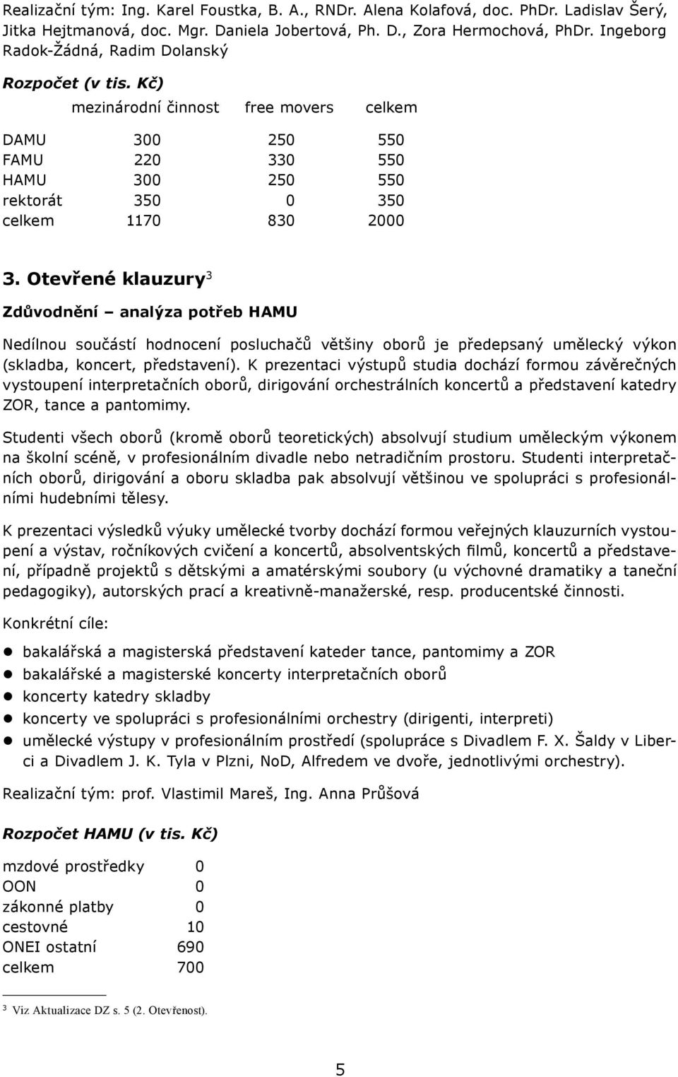 Otevřené klauzury 3 Zdůvodnění analýza potřeb HAMU Nedílnou součástí hodnocení posluchačů většiny oborů je předepsaný umělecký výkon (skladba, koncert, představení).