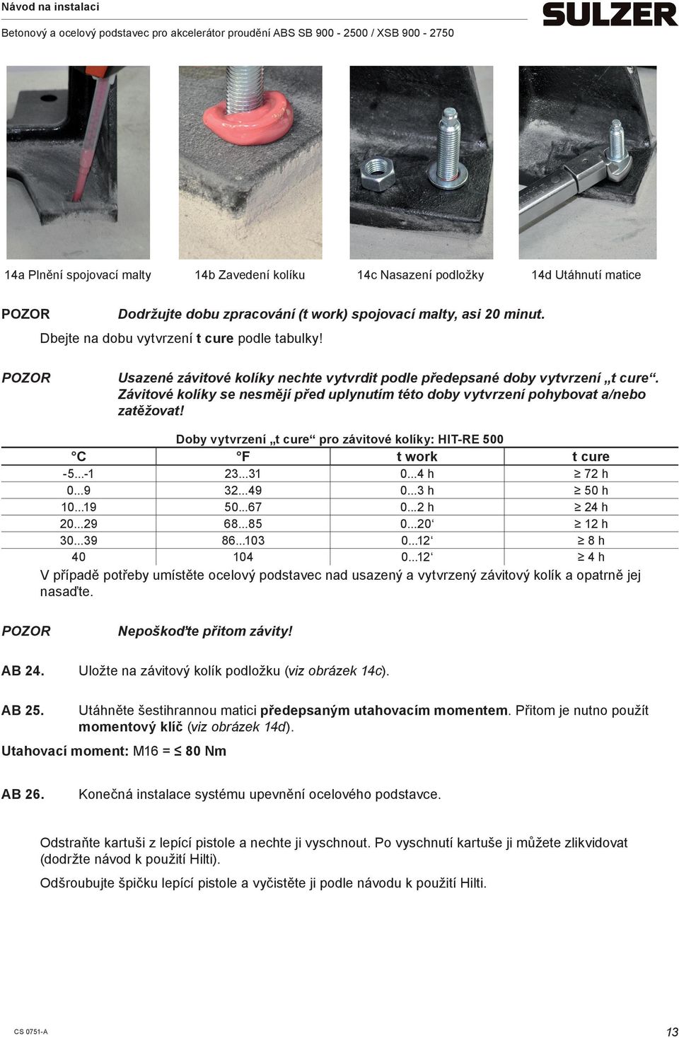 Závitové kolíky se nesmějí před uplynutím této doby vytvrzení pohybovat a/nebo zatěžovat! Doby vytvrzení t cure pro závitové kolíky: HIT-RE 500 C F t work t cure -5...-1 23...31 0...4 h 72 h 0...9 32.