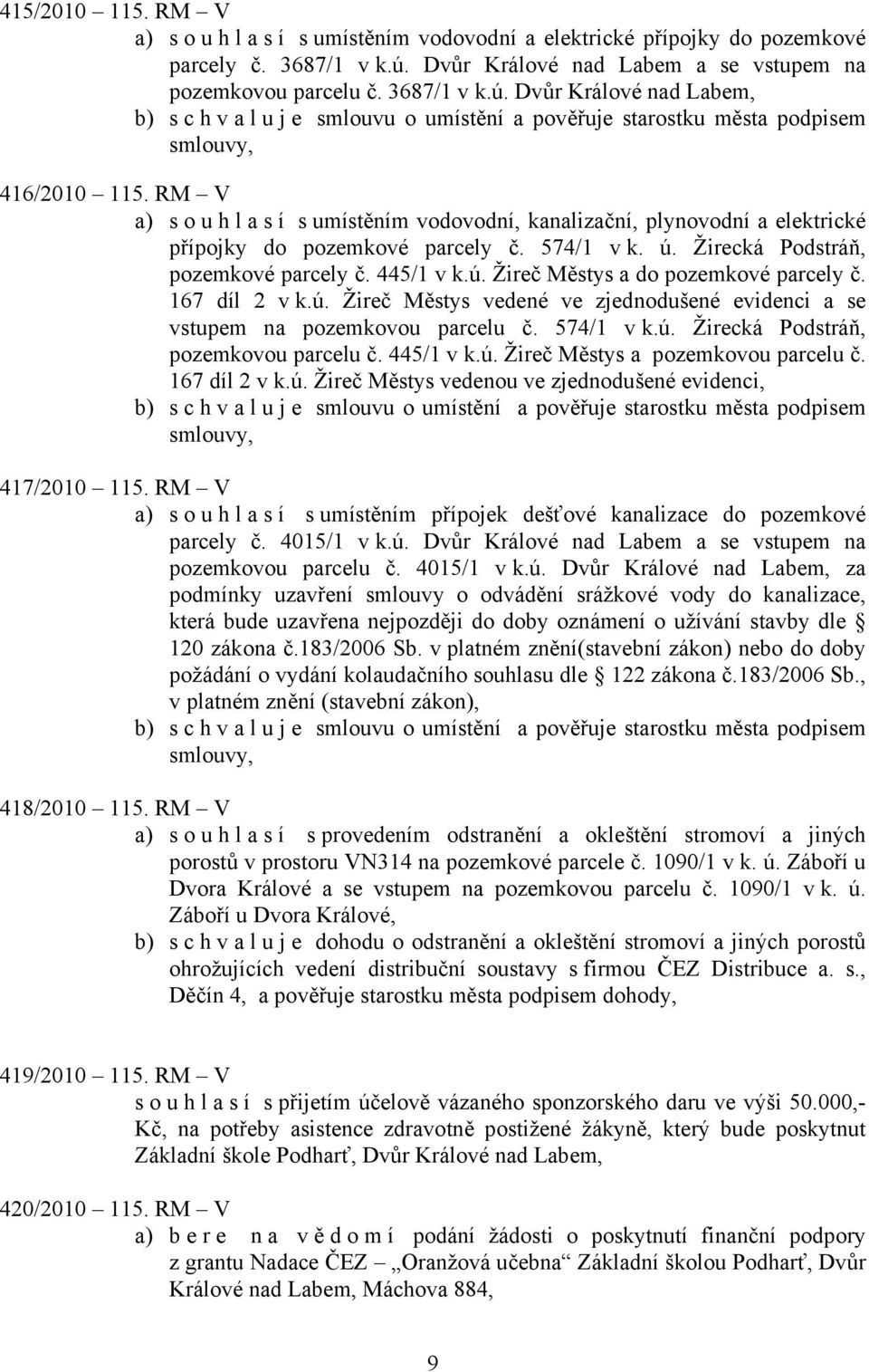 RM V a) souhlasí s umístěním vodovodní, kanalizační, plynovodní a elektrické přípojky do pozemkové parcely č. 574/1 v k. ú. Žirecká Podstráň, pozemkové parcely č. 445/1 v k.ú. Žireč Městys a do pozemkové parcely č.