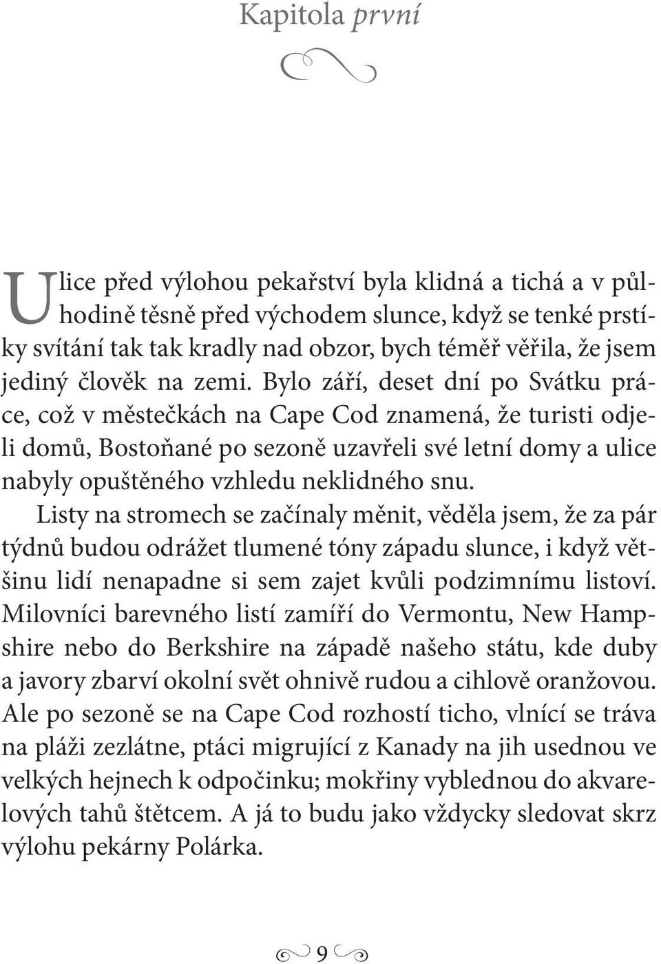 Bylo září, deset dní po Svátku práce, což v městečkách na Cape Cod znamená, že turisti odjeli domů, Bostoňané po sezoně uzavřeli své letní domy a ulice nabyly opuštěného vzhledu neklidného snu.