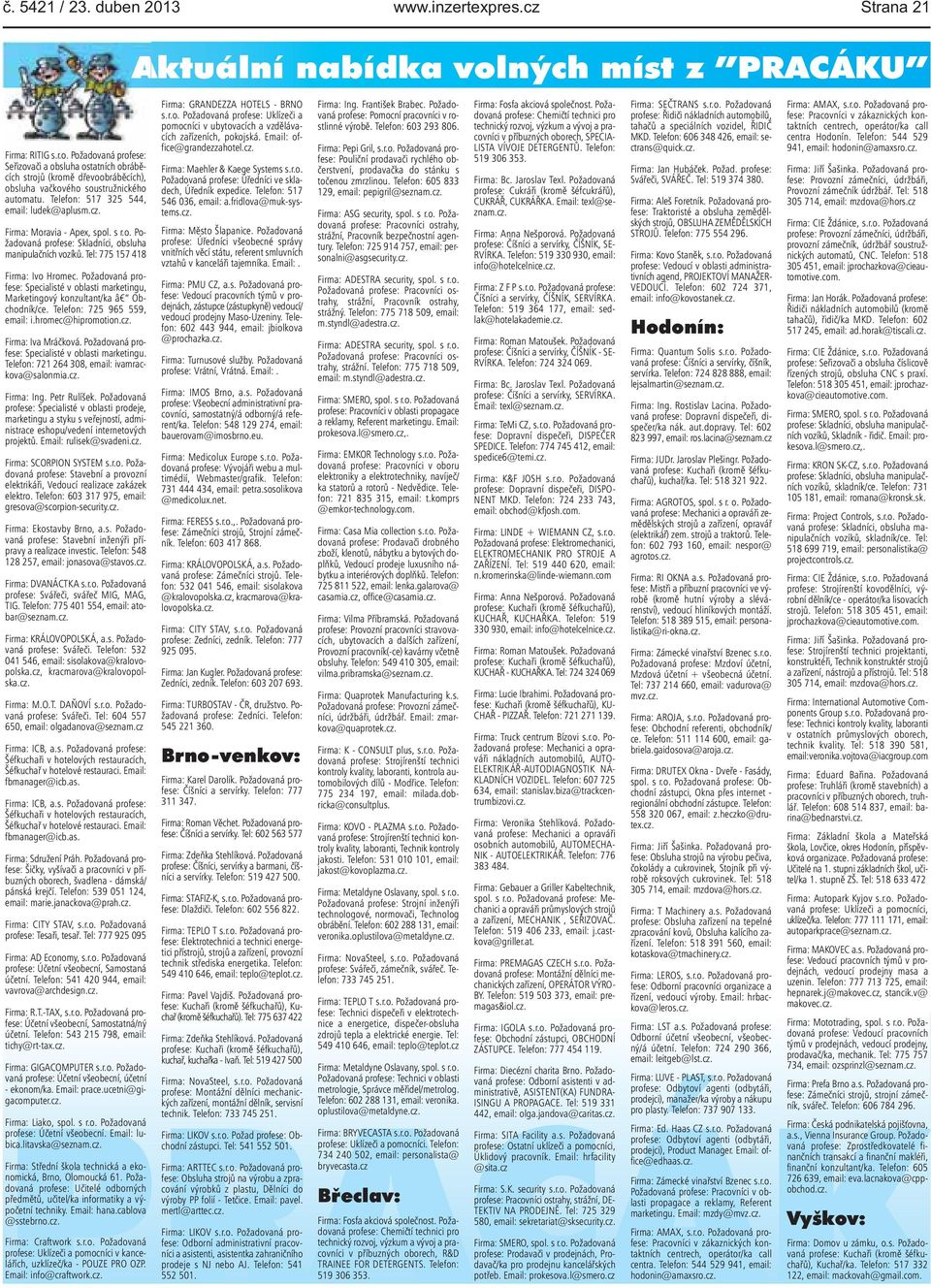 Firma: Moravia - Apex, spol. s r.o. Požadovaná profese: Skladníci, obsluha manipulačních vozíků. Tel: 775 157 418 Firma: Ivo Hromec.