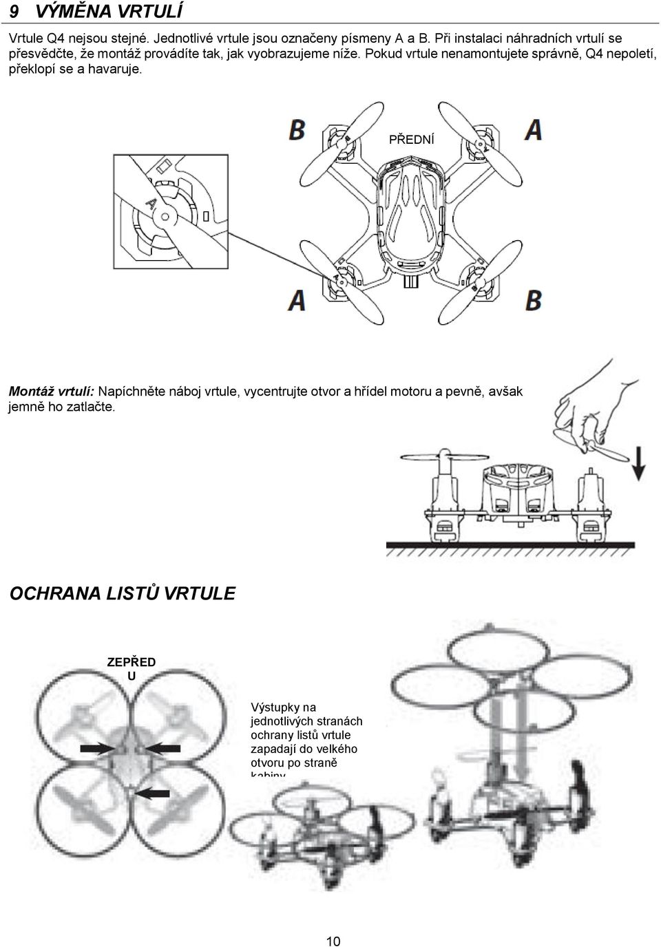 Pokud vrtule nenamontujete správně, Q4 nepoletí, překlopí se a havaruje.