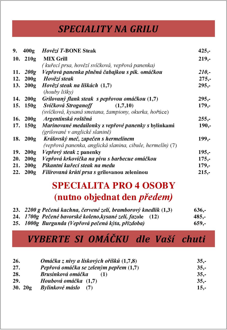 150g Svíčková Stroganoff (1,7,10) 179,- (svíčková, kysaná smetana, žampiony, okurka, hořtice) 16. 200g Argentinská roštěná 255,- 17.