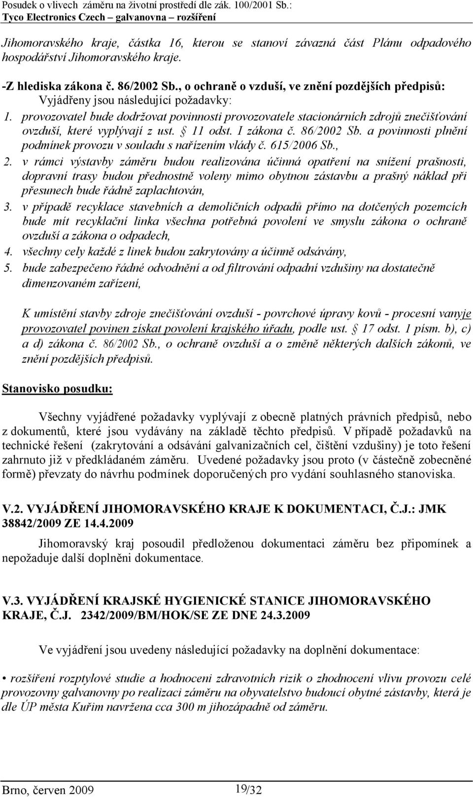 provozovatel bude dodržovat povinnosti provozovatele stacionárních zdrojů znečišťování ovzduší, které vyplývají z ust. 11 odst. I zákona č. 86/2002 Sb.