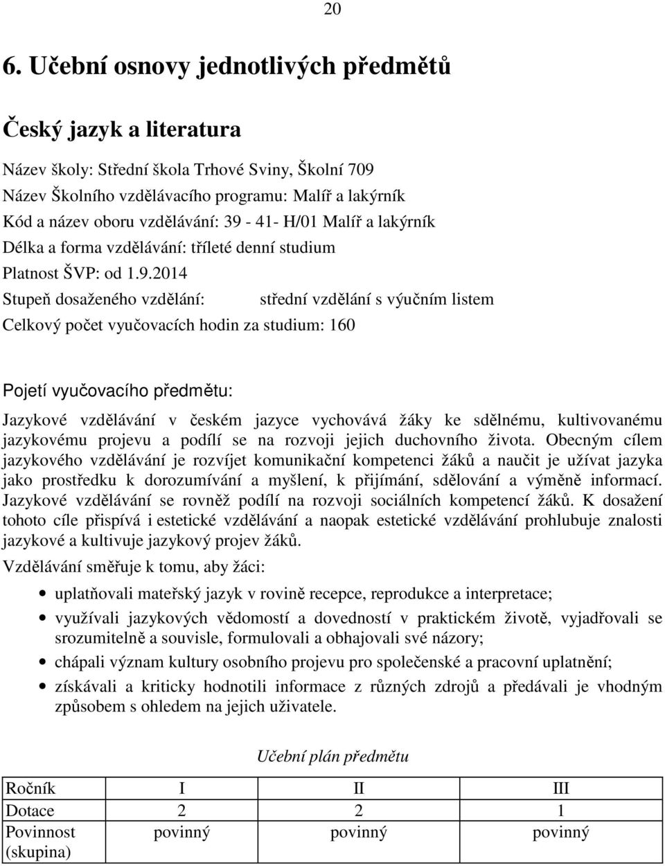 41- H/01 Malíř a lakýrník Délka a forma vzdělávání: tříleté denní studium Platnost ŠVP: od 1.9.