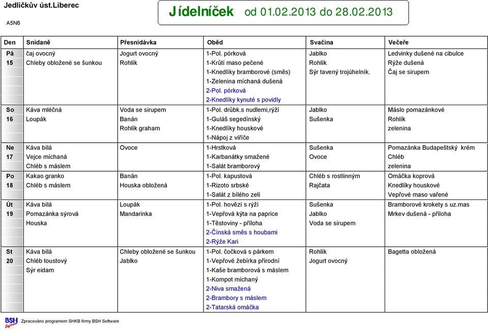 Čaj se sirupem 1-Zelenina míchaná dušená 2-Pol. pórková 2-Knedlíky kynuté s povidly So Káva mléčná Voda se sirupem 1-Pol. drůbk.