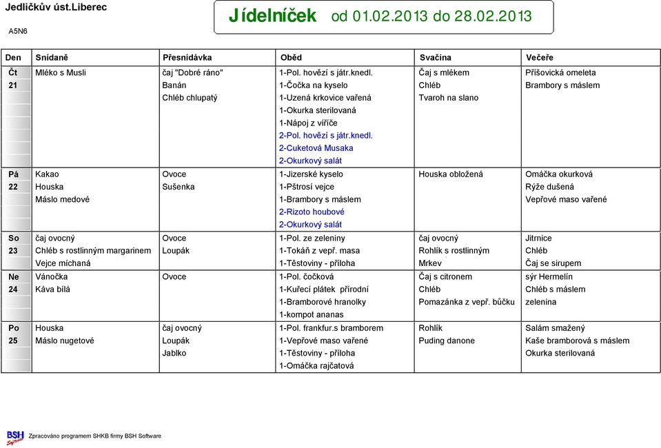 2-Cuketová Musaka 2-Okurkový salát Pá Kakao Ovoce 1-Jizerské kyselo Houska obložená Omáčka okurková 22 Houska Sušenka 1-Pštrosí vejce Rýže dušená Máslo medové 1-Brambory s máslem Vepřové maso vařené