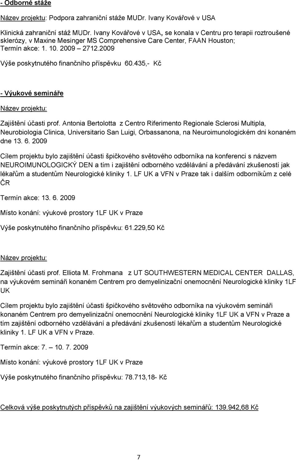 2009 Výše poskytnutého finančního příspěvku 60.435,- Kč - Výukové semináře Název projektu: Zajištění účasti prof.