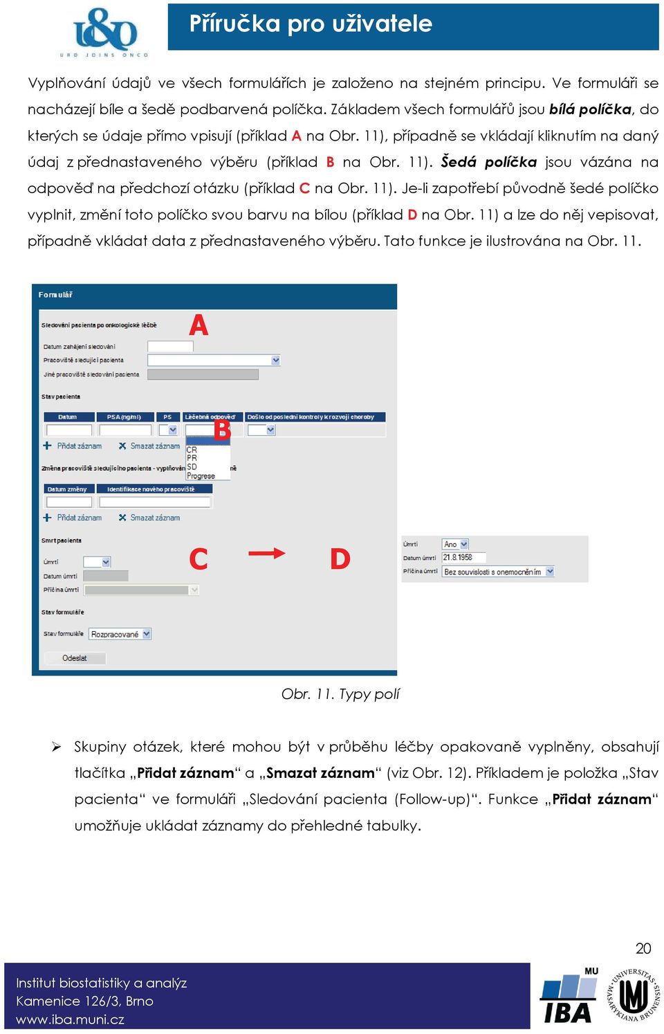 11). Je-li zapotřebí původně šedé políčko vyplnit, změní toto políčko svou barvu na bílou (příklad D na Obr. 11) a lze do něj vepisovat, případně vkládat data z přednastaveného výběru.