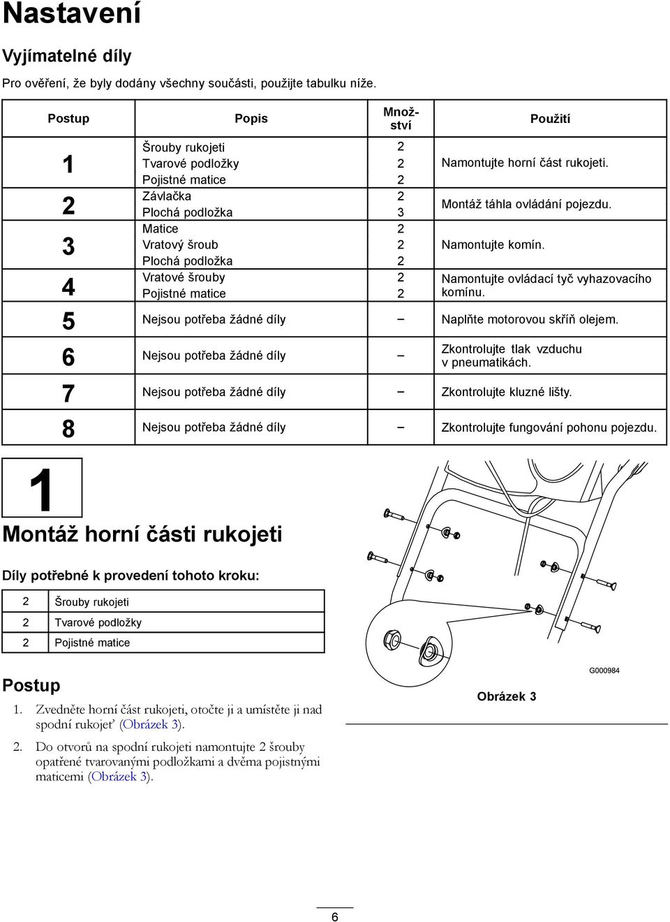 Namontujte horní část rukojeti. Montáž táhla ovládání pojezdu. Namontujte komín. Namontujte ovládací tyč vyhazovacího komínu. 5 Nejsou potřeba žádné díly Naplňte motorovou skříň olejem.