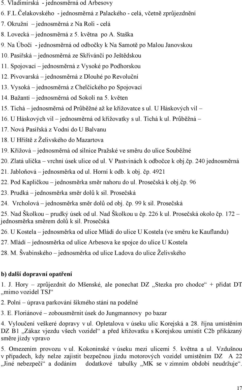 Pivovarská jednosměrná z Dlouhé po Revoluční 13. Vysoká jednosměrná z Chelčického po Spojovací 14. Bažantí jednosměrná od Sokolí na 5. květen 15. Tichá jednosměrná od Průběžné až ke křižovatce s ul.