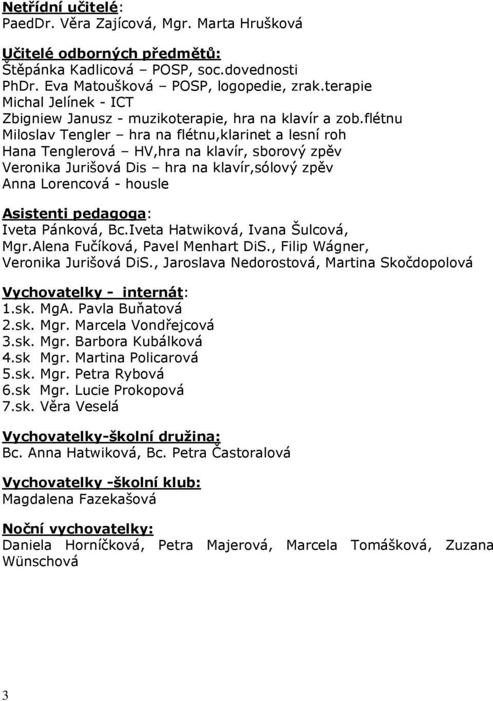 flétnu Miloslav Tengler hra na flétnu,klarinet a lesní roh Hana Tenglerová HV,hra na klavír, sborový zpěv Veronika Jurišová Dis hra na klavír,sólový zpěv Anna Lorencová - housle Asistenti pedagoga: