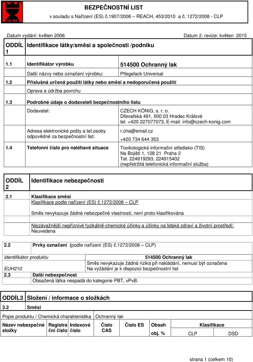 3 Podrobné údaje o dodavateli bezpečnostního listu Dodavatel: CZECH KÖNIG, s. r. o. Dřevařská 491, 500 03 Hradec Králové tel. +420 227077073, E-mail: info@czech-konig.