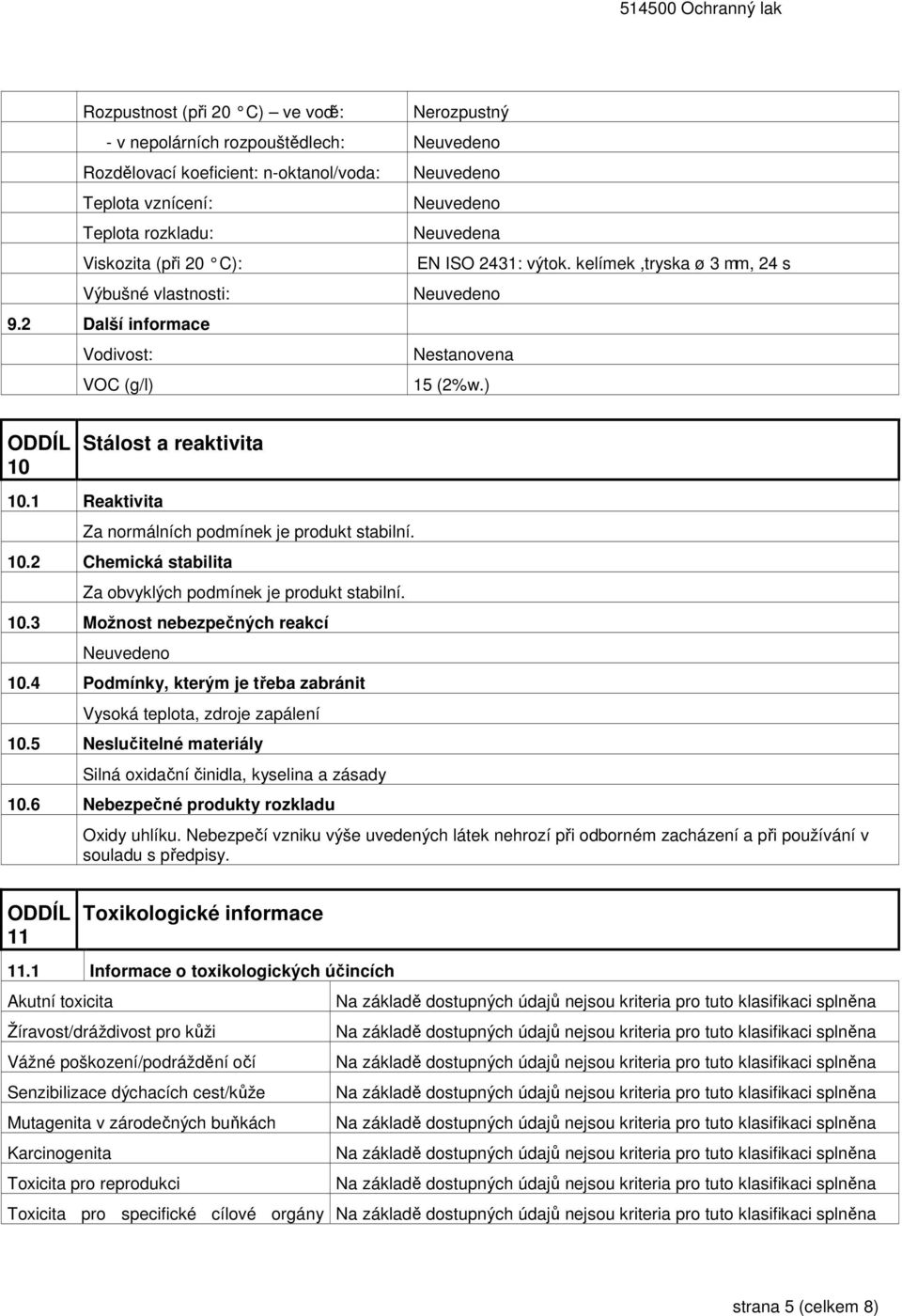 10.2 Chemická stabilita Za obvyklých podmínek je produkt stabilní. 10.3 Možnost nebezpečných reakcí 10.4 Podmínky, kterým je třeba zabránit Vysoká teplota, zdroje zapálení 10.