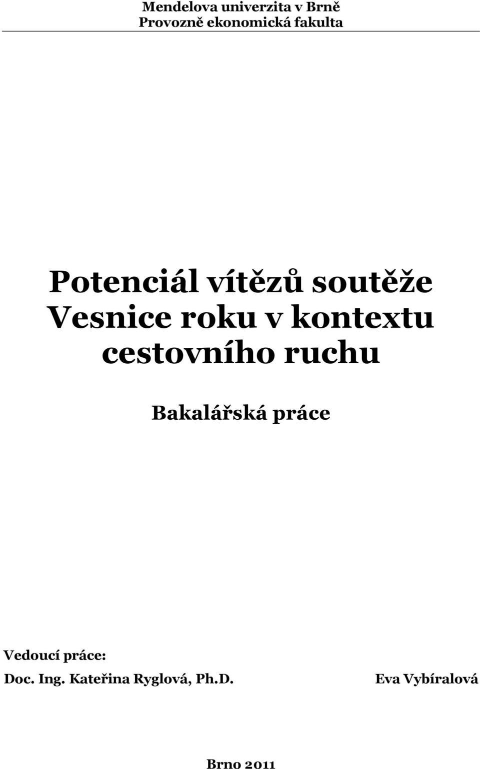 kontextu cestovního ruchu Bakalářská práce Vedoucí