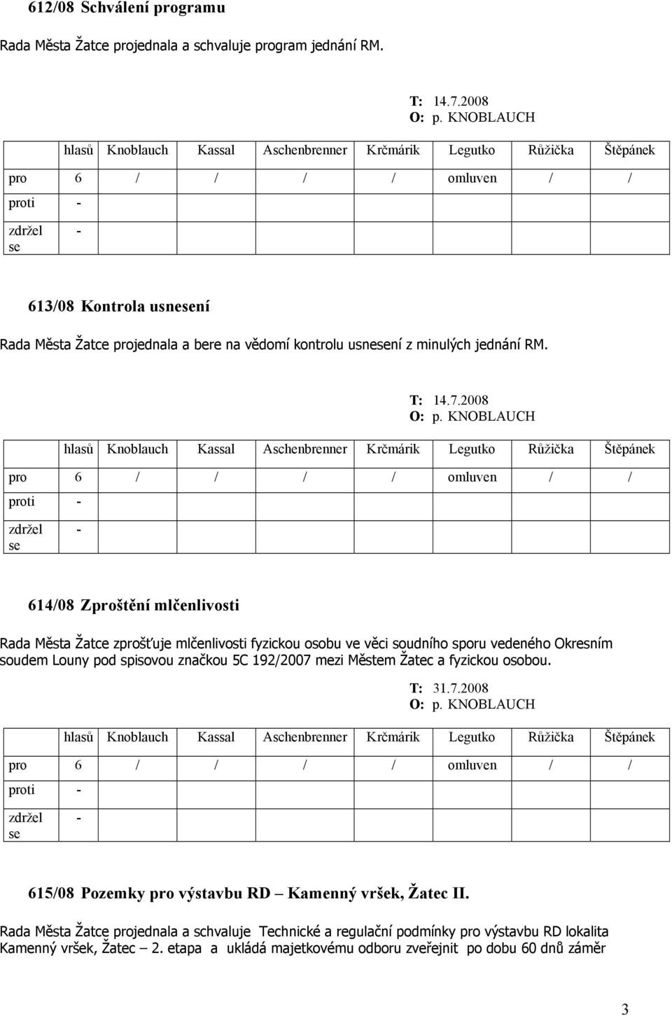 KNOBLAUCH pro 6 / / / / omluven / / 614/08 Zproštění mlčenlivosti Rada Města Žatce zprošťuje mlčenlivosti fyzickou osobu ve věci soudního sporu vedeného Okresním soudem Louny pod spisovou značkou 5C