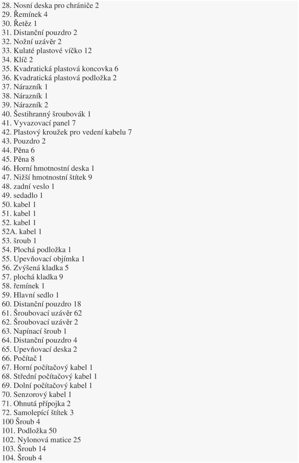 Pěna 8 46. Horní hmotnostní deska 1 47. Nižší hmotnostní štítek 9 48. zadní veslo 1 49. sedadlo 1 50. kabel 1 51. kabel 1 52. kabel 1 52A. kabel 1 53. šroub 1 54. Plochá podložka 1 55.