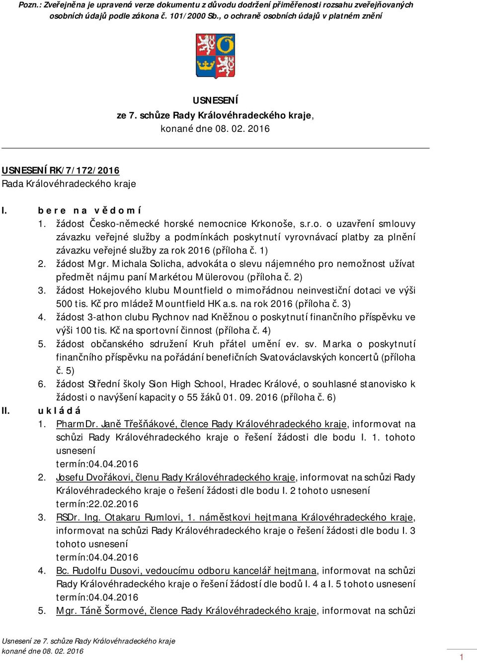 1) 2. žádost Mgr. Michala Solicha, advokáta o slevu nájemného pro nemožnost užívat předmět nájmu paní Markétou Mülerovou (příloha č. 2) 3.