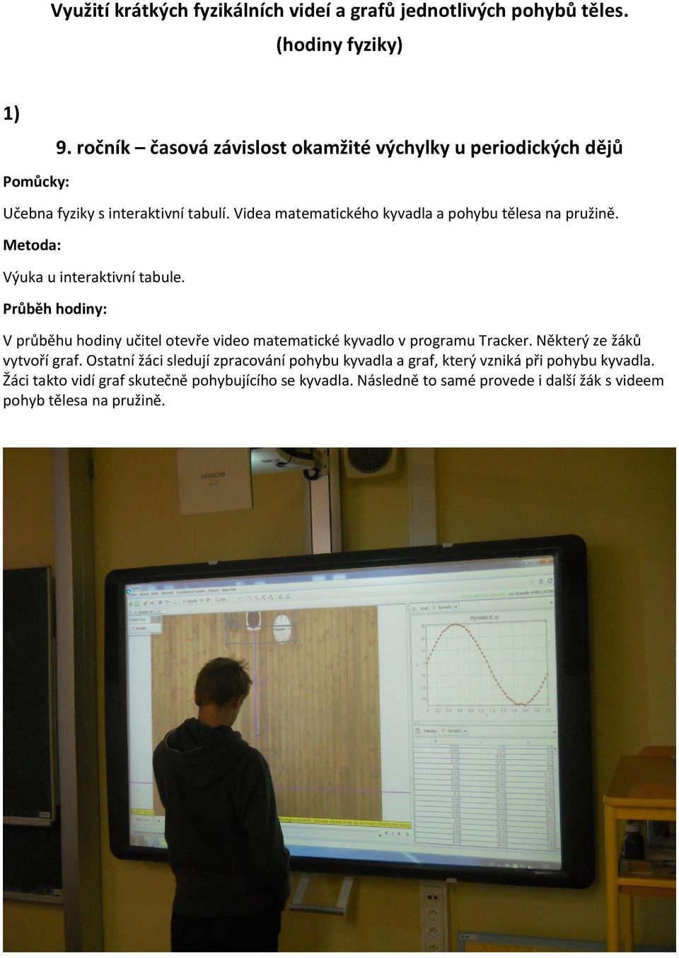 Videa matematického kyvadla a pohybu tělesa na pružině. Výuka u interaktivní tabule.