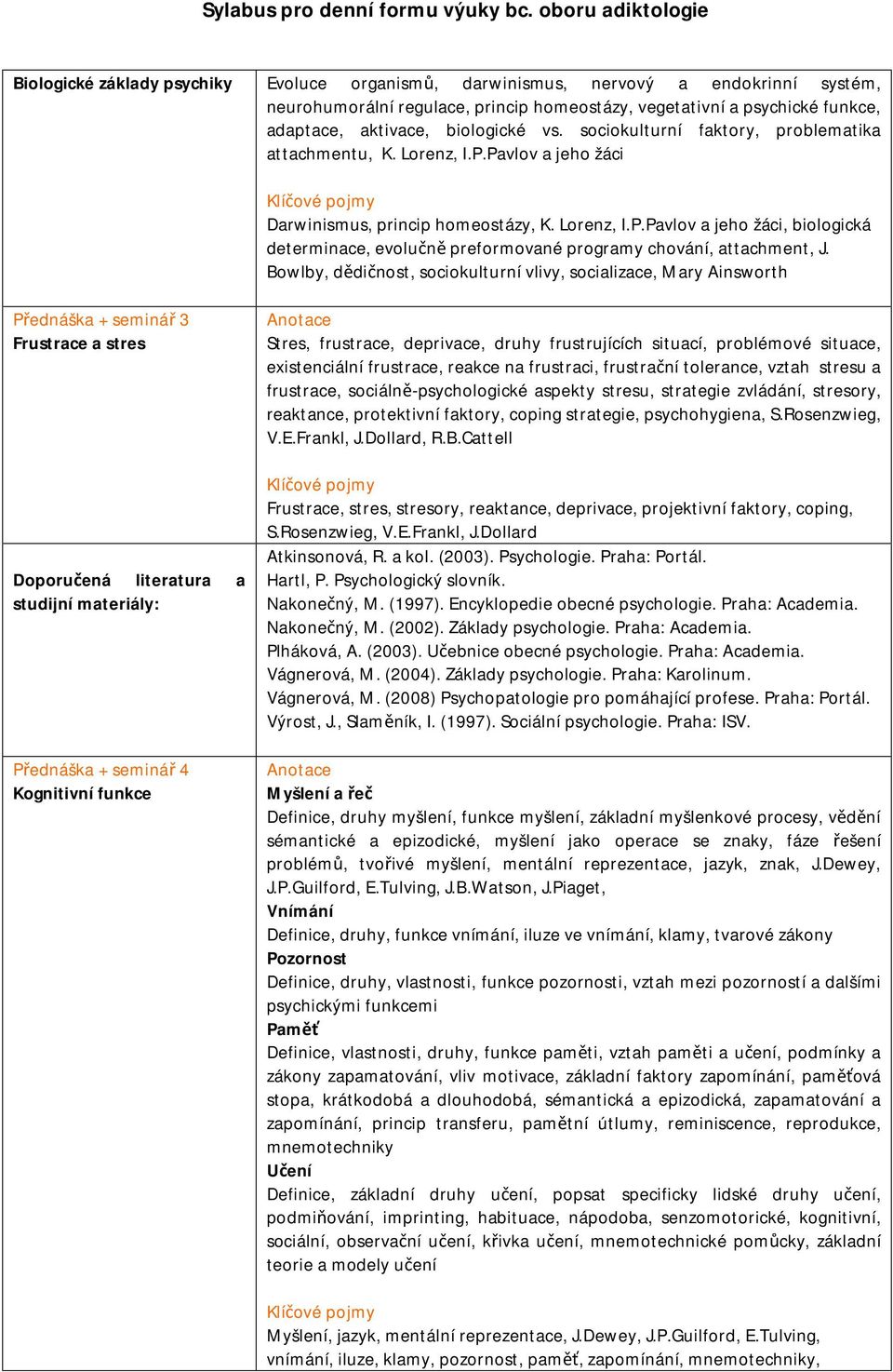 Bowlby, dědičnost, sociokulturní vlivy, socializace, Mary Ainsworth Přednáška + seminář 3 Frustrace a stres Přednáška + seminář 4 Kognitivní funkce Stres, frustrace, deprivace, druhy frustrujících