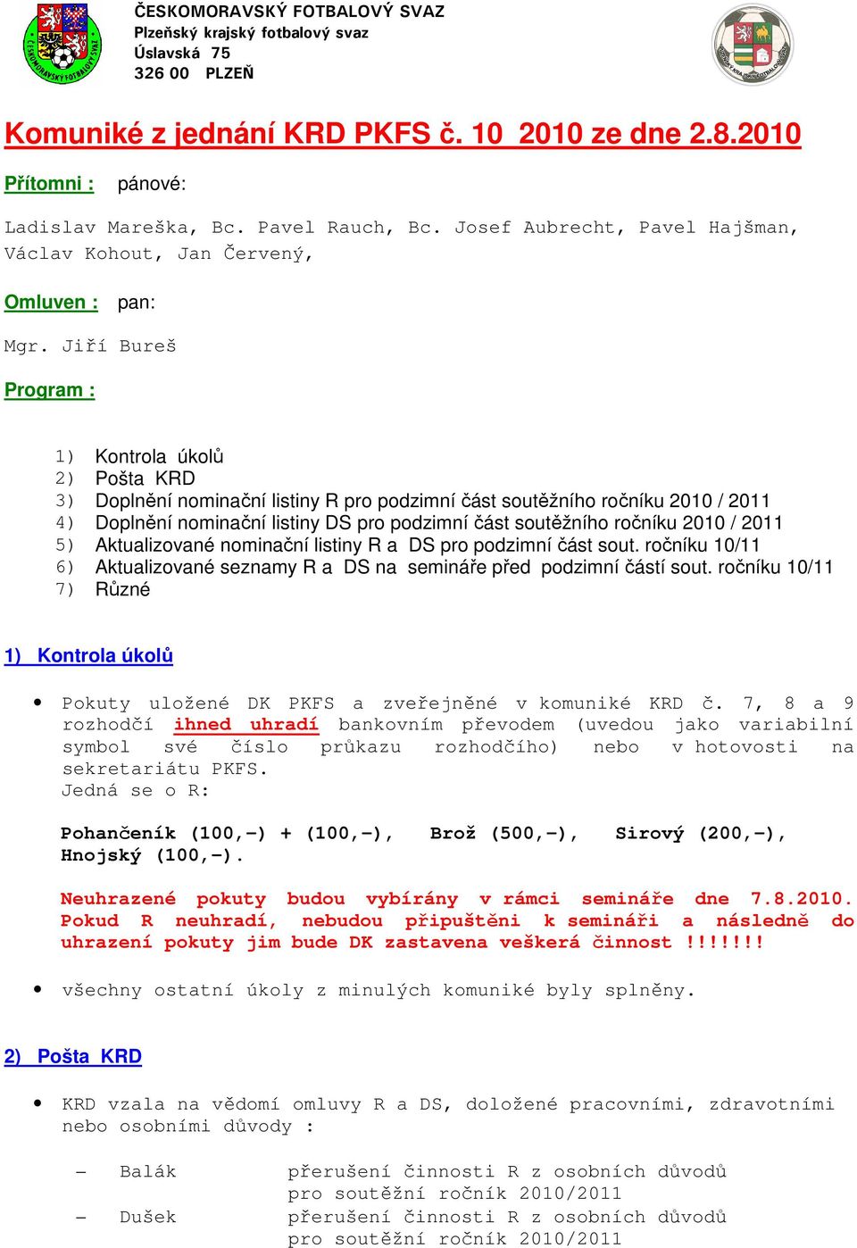 Jiří Bureš Program : 1) Kontrola úkolů 2) Pošta KRD 3) Doplnění nominační listiny R pro podzimní část soutěžního ročníku 2010 / 2011 4) Doplnění nominační listiny DS pro podzimní část soutěžního