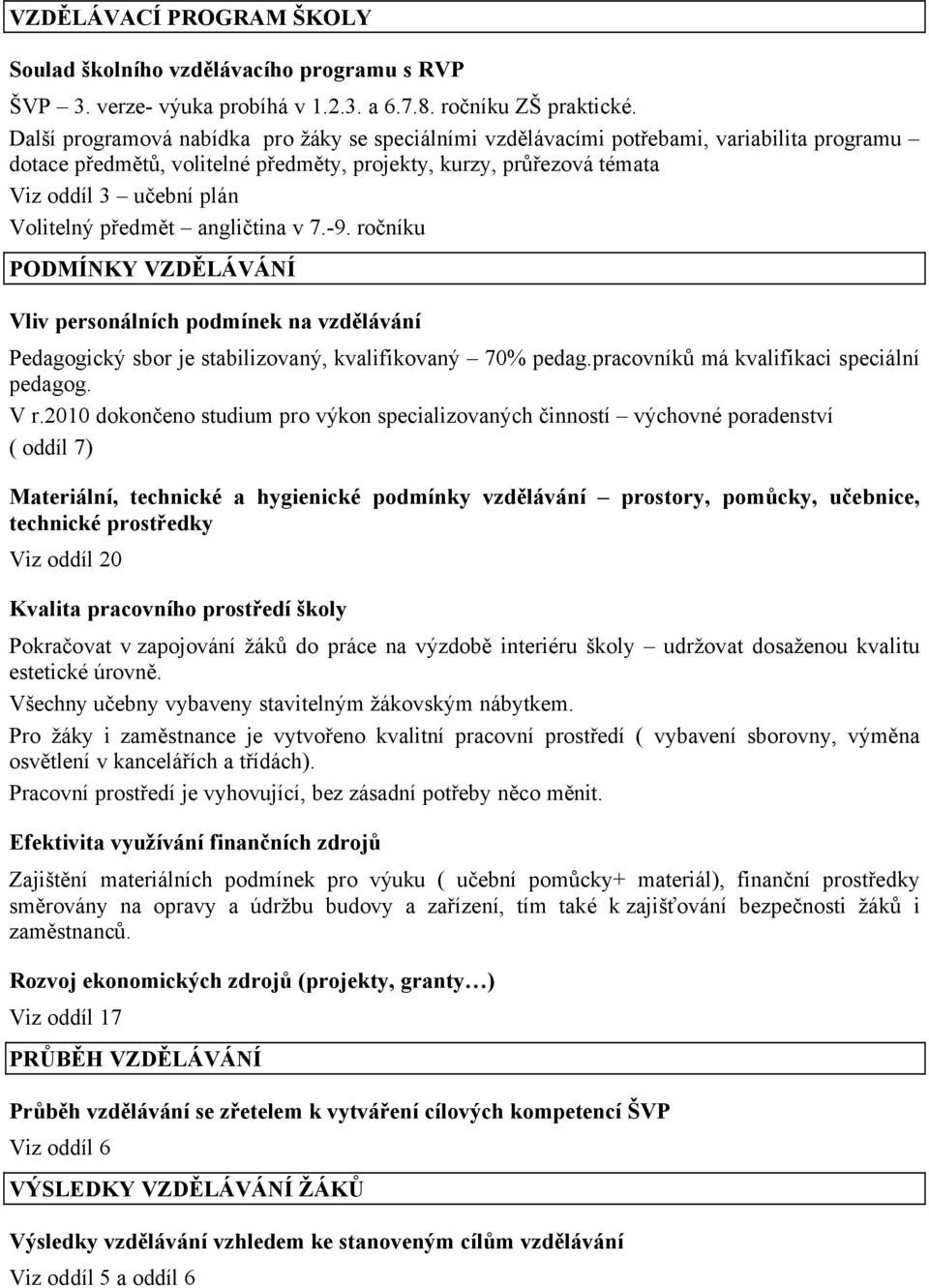 předmět angličtina v 7.-9. ročnéku PODMÅNKY VZDĚLÄVÄNÅ Vliv personélnñch podmñnek na vzdělévénñ PedagogickÇ sbor je stabilizovanç, kvalifikovanç 70% pedag.pracovnéků mñ kvalifikaci speciñlné pedagog.