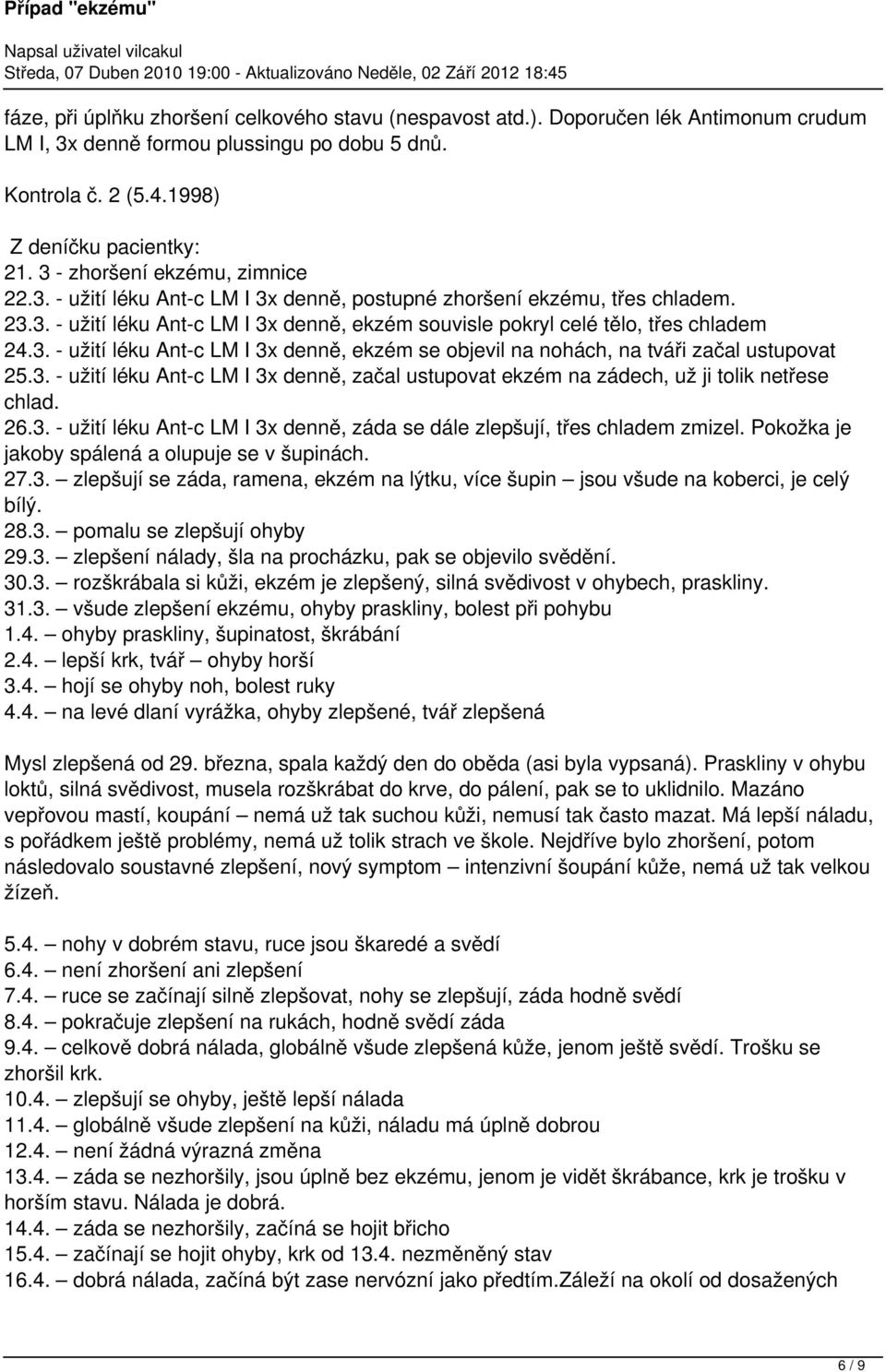 3. - užití léku Ant-c LM I 3x denně, začal ustupovat ekzém na zádech, už ji tolik netřese chlad. 26.3. - užití léku Ant-c LM I 3x denně, záda se dále zlepšují, třes chladem zmizel.