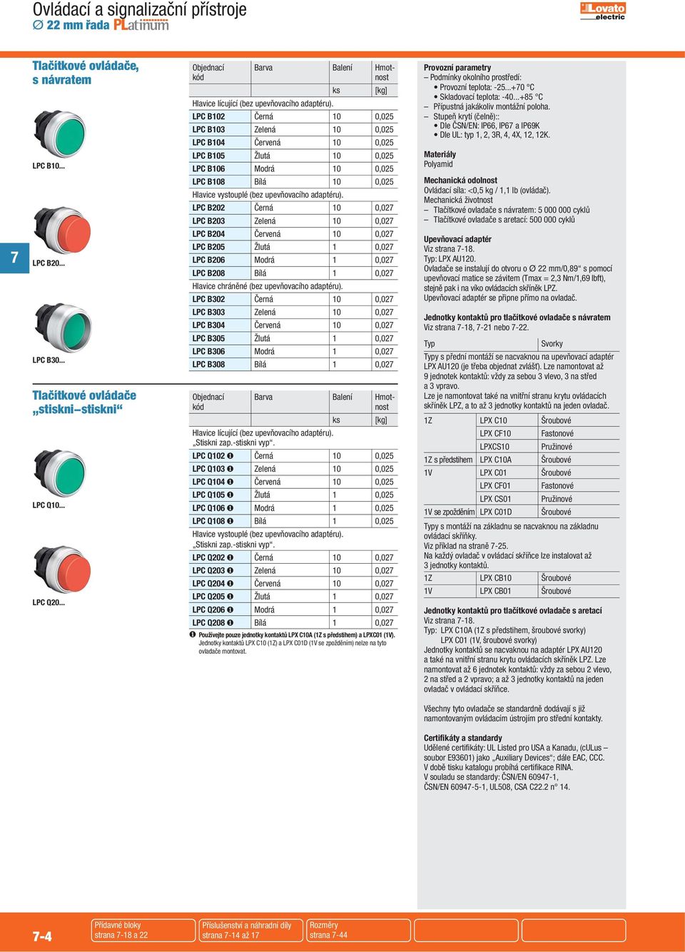 LPC B202 Černá 10 0,02 LPC B203 Zelená 10 0,02 Provozní teplota: -25...+0 C Skladovací teplota: -40...+85 C Přípustná jakákoliv montážní poloha.