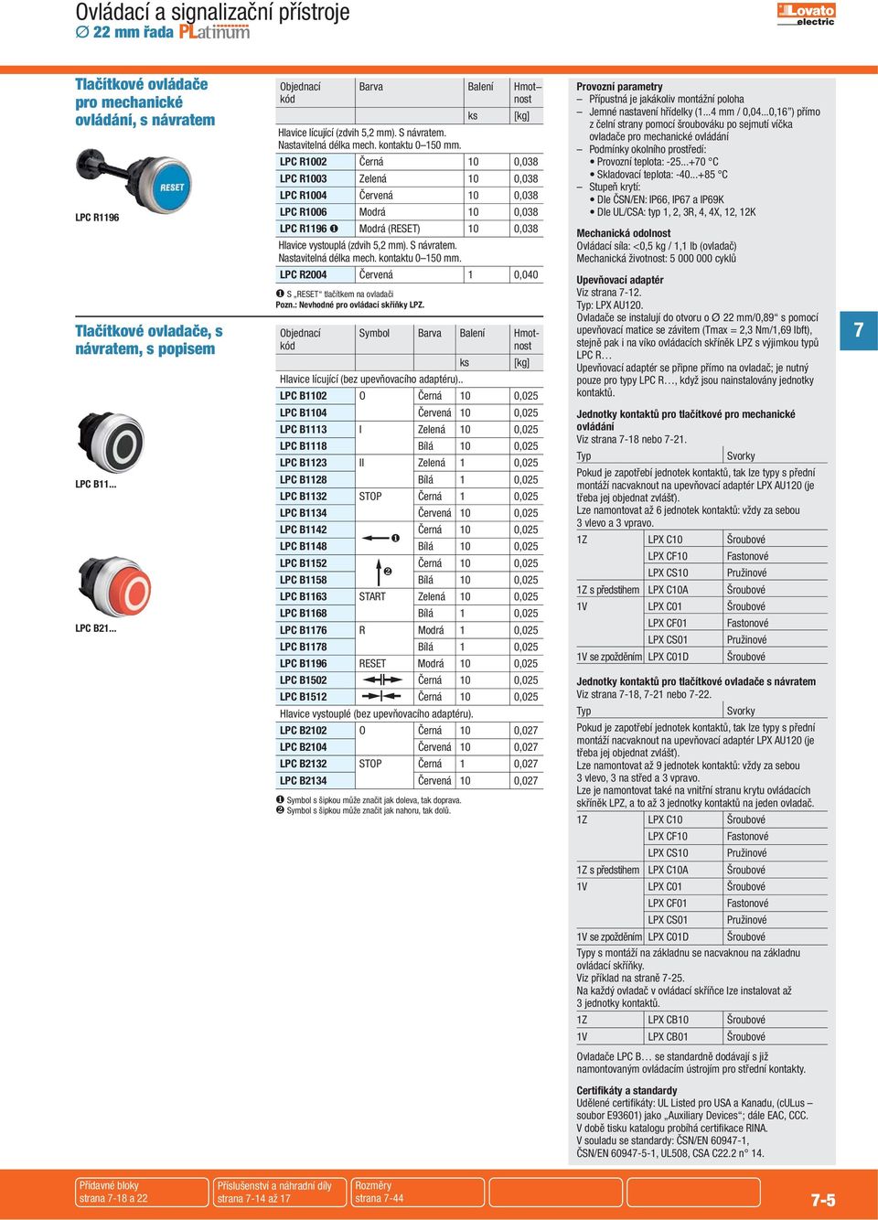 LPC R1002 Černá 10 0,038 LPC R1003 Zelená 10 0,038 LPC R1004 Červená 10 0,038 LPC R1006 Modrá 10 0,038 LPC R1196 ❶ Modrá (RESET) 10 0,038 Hlavice vystouplá (zdvih 5,2 mm). S návratem.
