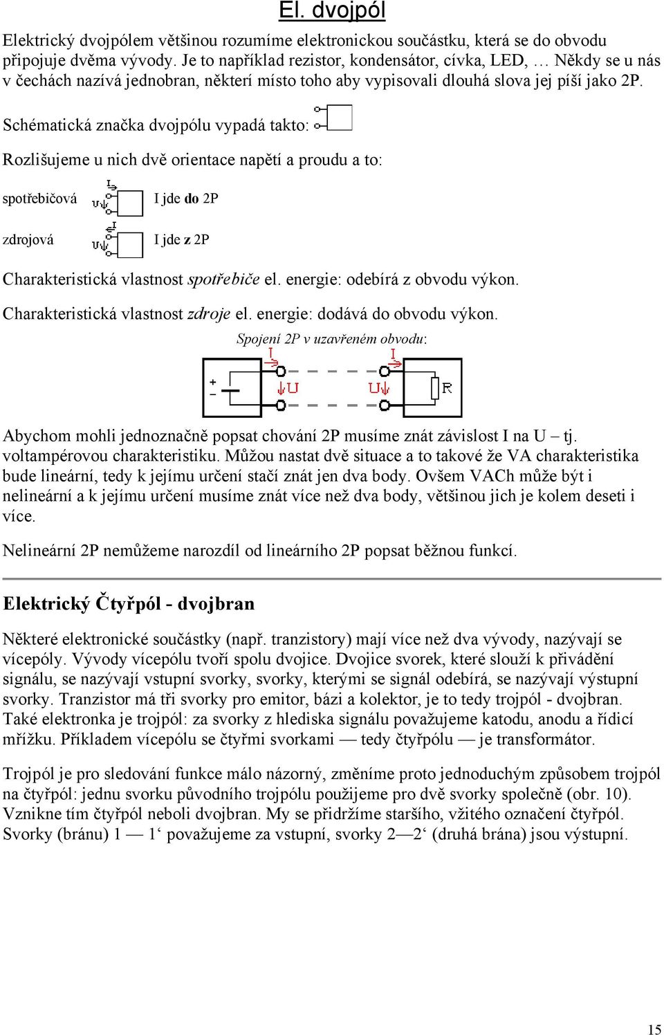 Schématická značka dvojpólu vypadá takto: Rozlišujeme u nich dvě orientace napětí a proudu a to: spotřebičová zdrojová I jde do 2P I jde z 2P Charakteristická vlastnost spotřebiče el.