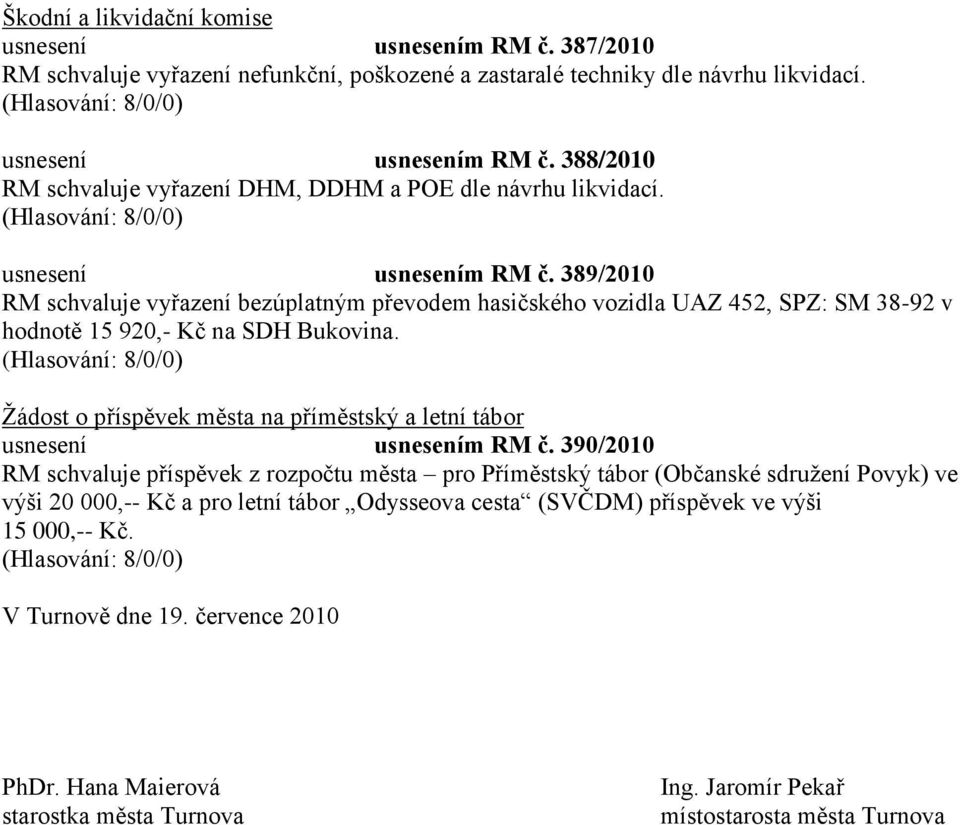 Ţádost o příspěvek města na příměstský a letní tábor usnesení usnesením RM č.