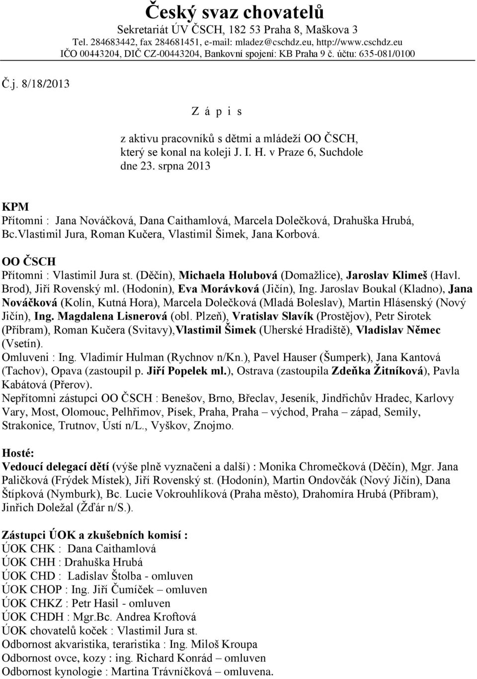 v Praze 6, Suchdole dne 23. srpna 2013 KPM Přítomni : Jana Nováčková, Dana Caithamlová, Marcela Dolečková, Drahuška Hrubá, Bc.Vlastimil Jura, Roman Kučera, Vlastimil Šimek, Jana Korbová.