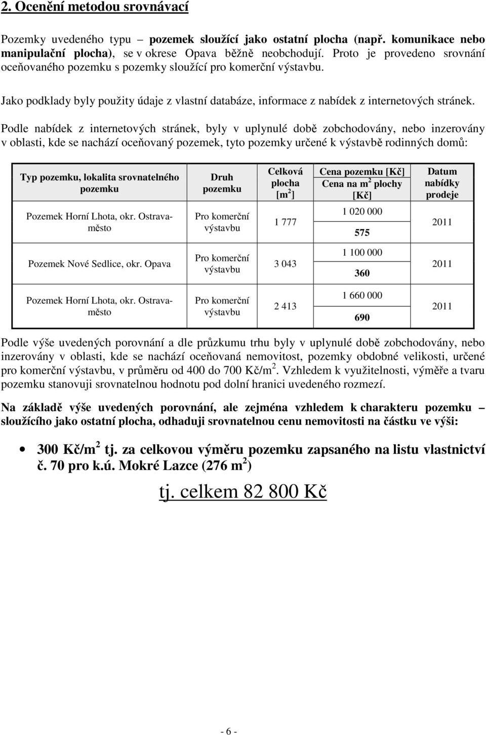 Podle nabídek z internetových stránek, byly v uplynulé době zobchodovány, nebo inzerovány v oblasti, kde se nachází oceňovaný pozemek, tyto pozemky určené k výstavbě rodinných domů: Typ pozemku,