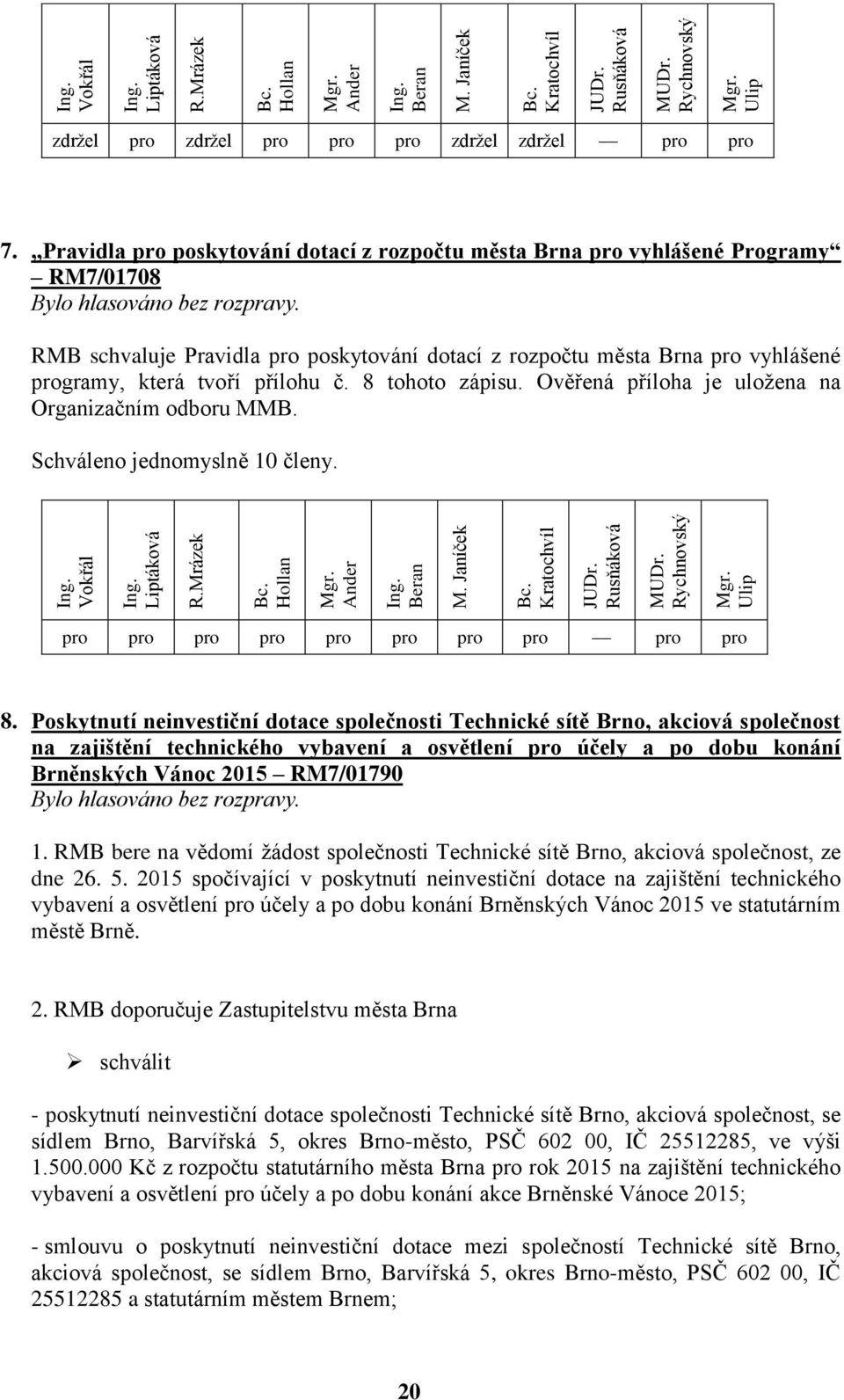 č. 8 tohoto zápisu. Ověřená příloha je uložena na Organizačním odboru MMB. Schváleno jednomyslně 10 členy. pro pro pro pro pro pro pro pro pro pro 8.