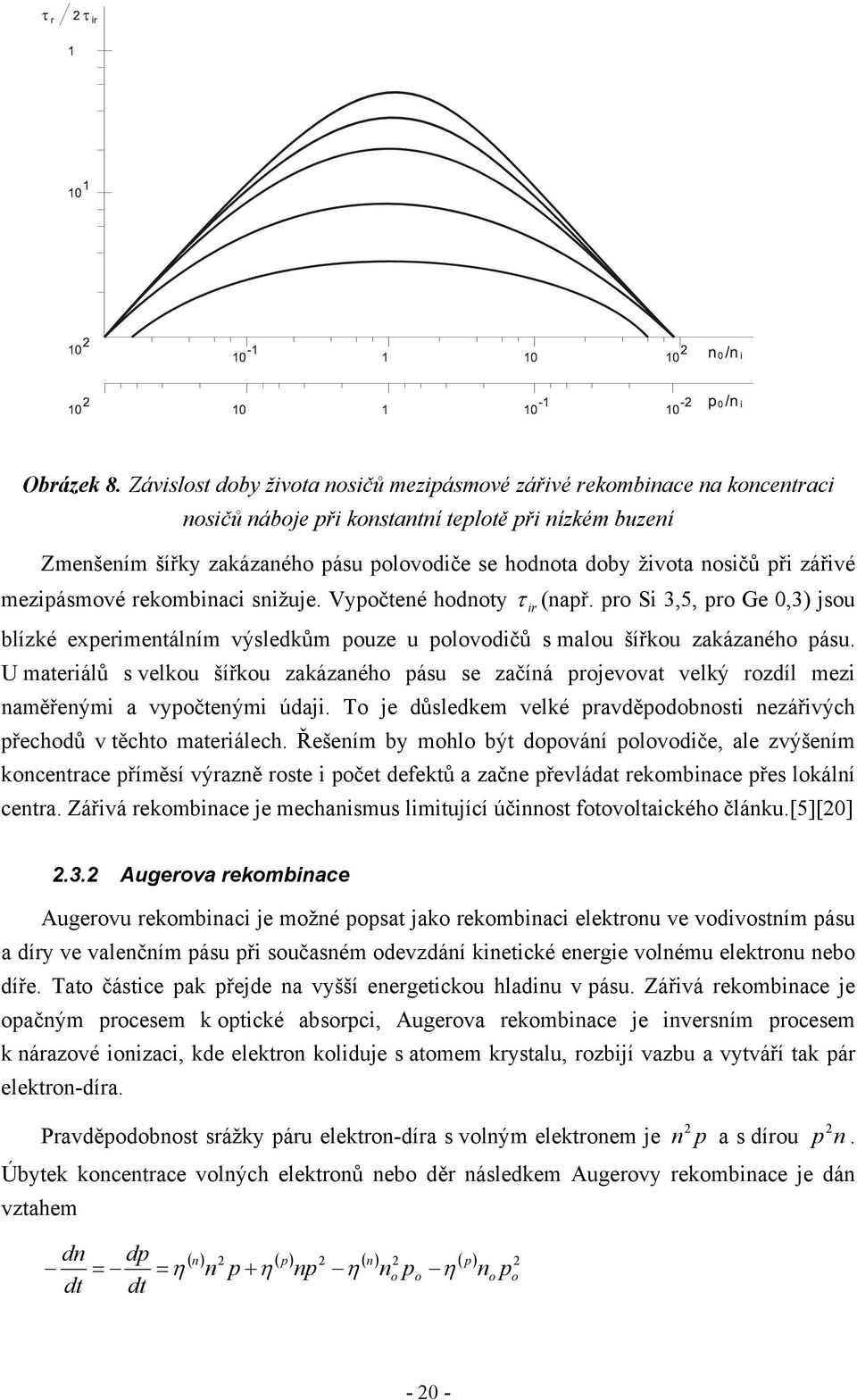 nosičů při zářivé mezipásmové rekombinaci snižuje. Vypočtené hodnoty τ ir (např. pro Si 3,5, pro Ge 0,3) jsou blízké experimentálním výsledkům pouze u polovodičů s malou šířkou zakázaného pásu.