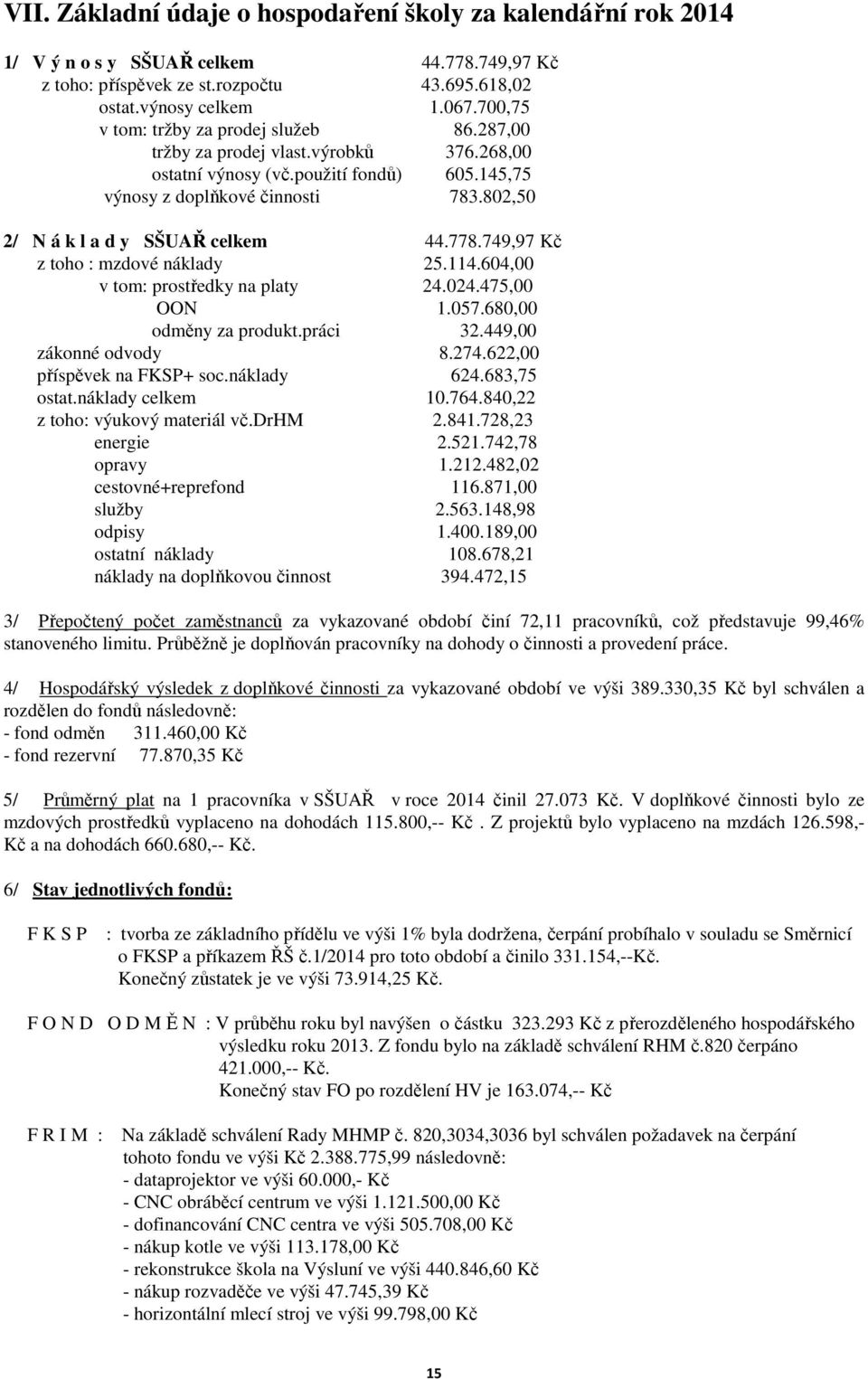 802,50 2/ N á k l a d y SŠUAŘ celkem 44.778.749,97 Kč z toho : mzdové náklady 25.114.604,00 v tom: prostředky na platy 24.024.475,00 OON 1.057.680,00 odměny za produkt.práci 32.