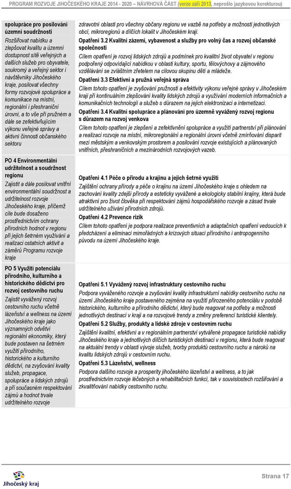 aktivní činnosti občanského sektoru PO 4 Environmentální udržitelnost a soudržnost regionu Zajistit a dále posilovat vnitřní environmentální soudržnost a udržitelnost rozvoje Jihočeského kraje,