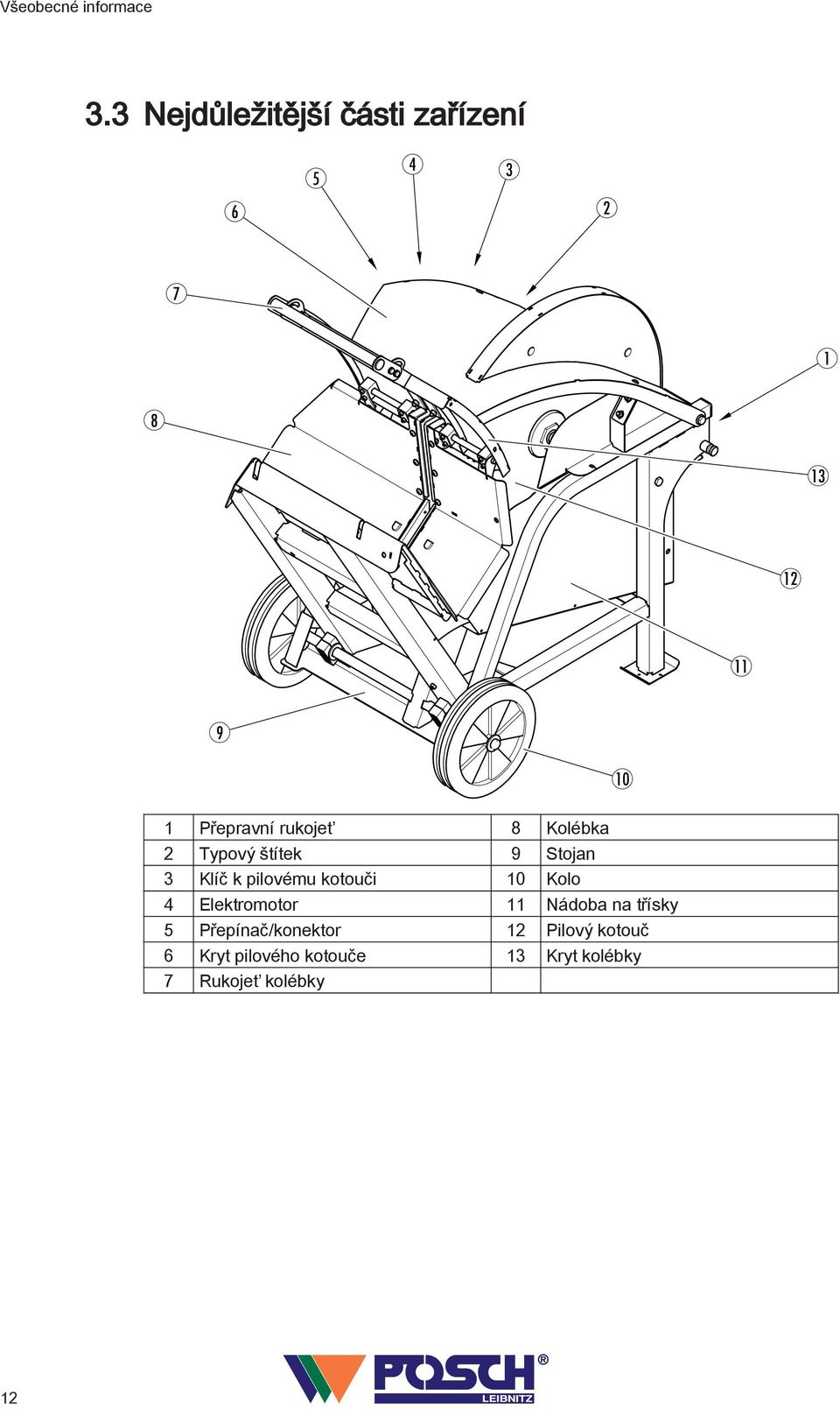 rukojeť 8 Kolébka 2 Typový štítek 9 Stojan 3 Klíč k pilovému kotouči 10 Kolo